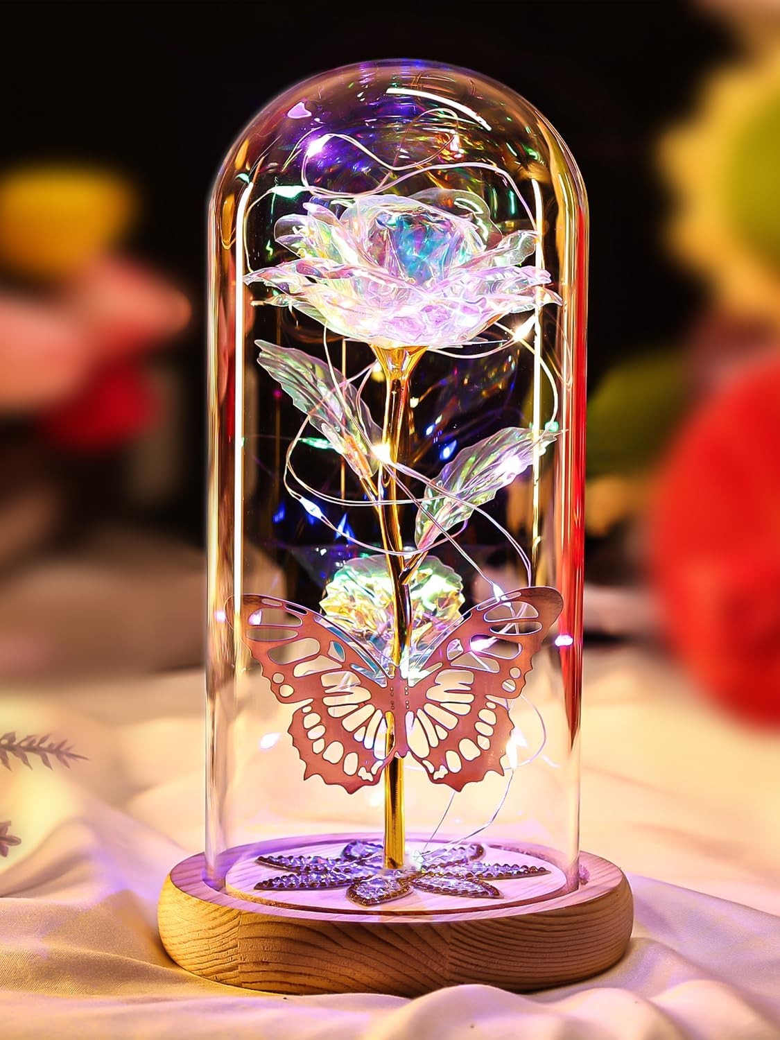 Light Up Glass Dome Galaxy Roses – Preserved Forever Flowers for Mom, Wife, Gran