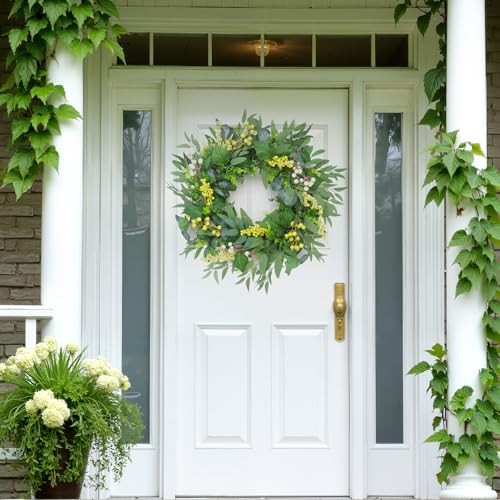 Artificial Green Eucalyptus Wreath for Front Door: 24 Inch 24 inch Beige-1