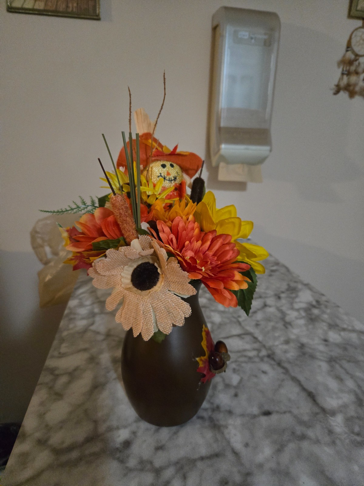 Blooming Autumn Floral Arrangement Fall 8” Glass Vase 4” Artificial Silk New