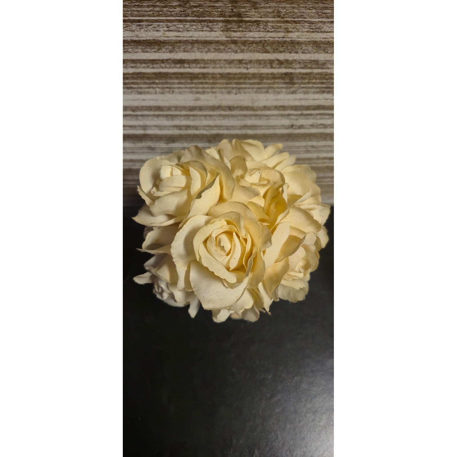 Cream Faux Rose Floral Arrangement in Rustic Wood Slice Base Farmhouse Decor