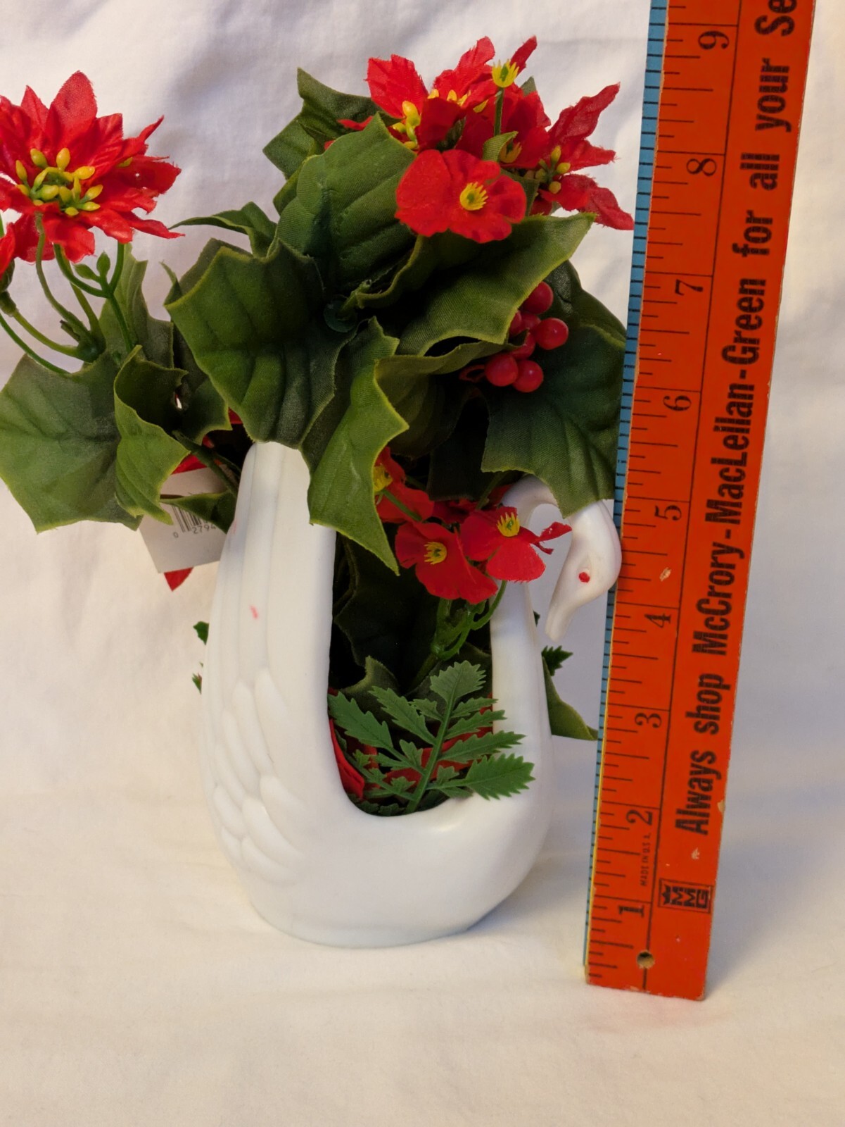 Vintage Artificial Red Flower White Plastic Swan Big Wing Planter Markovitz