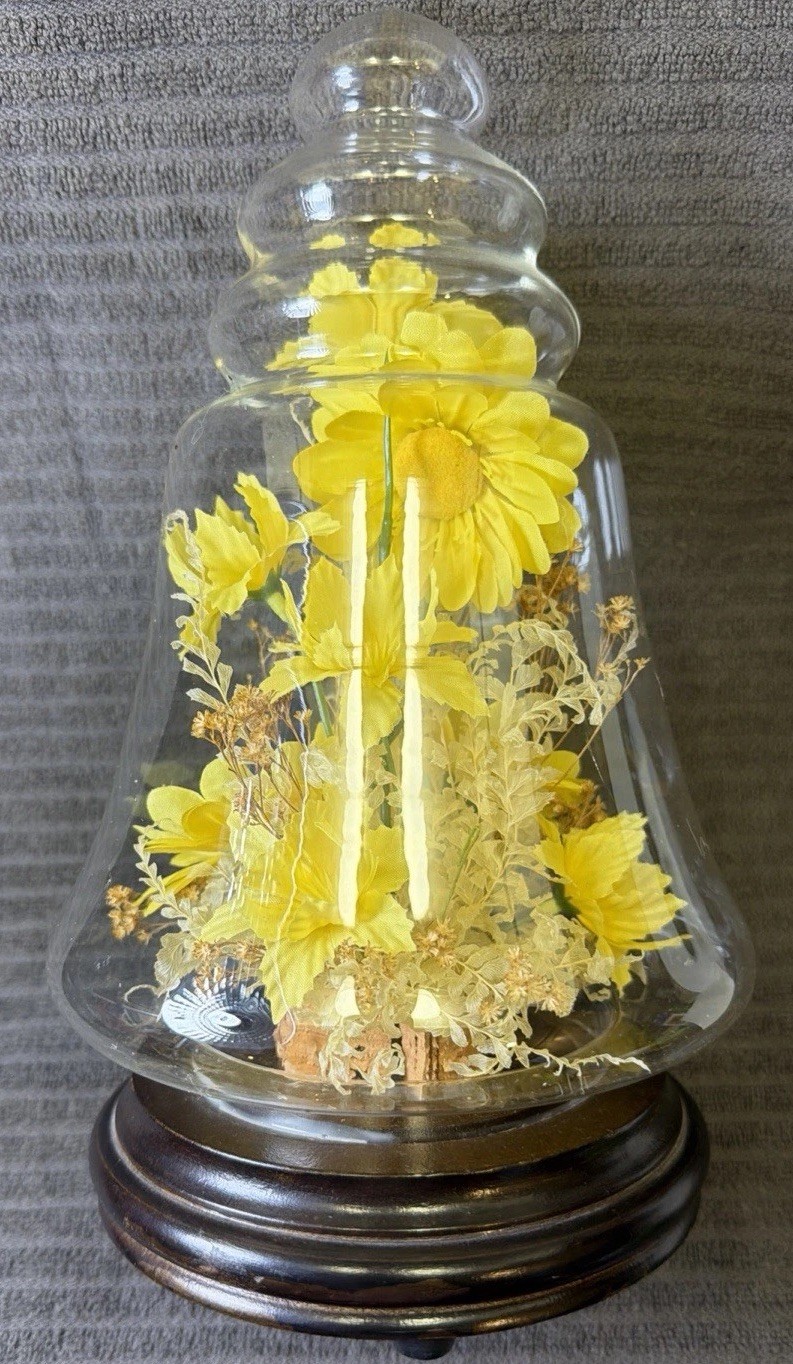 11” MCM Vintage Glass Bell Jar Dome with Yellow Floral Arrangement on Wood Base
