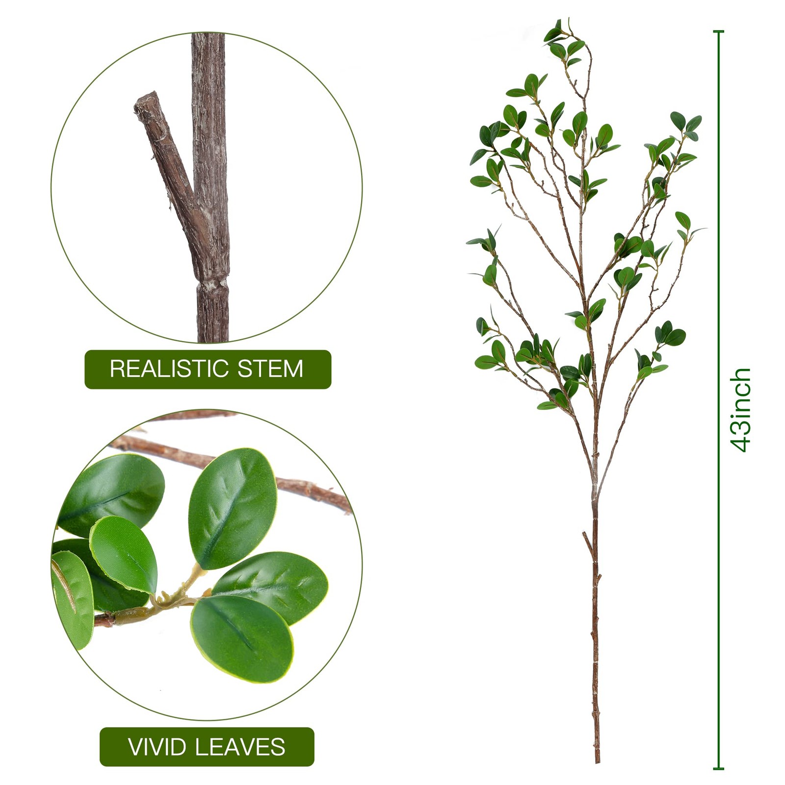 43 Artificial Ficus Branches 3 Piece Faux Greenery Stems for Home Decor