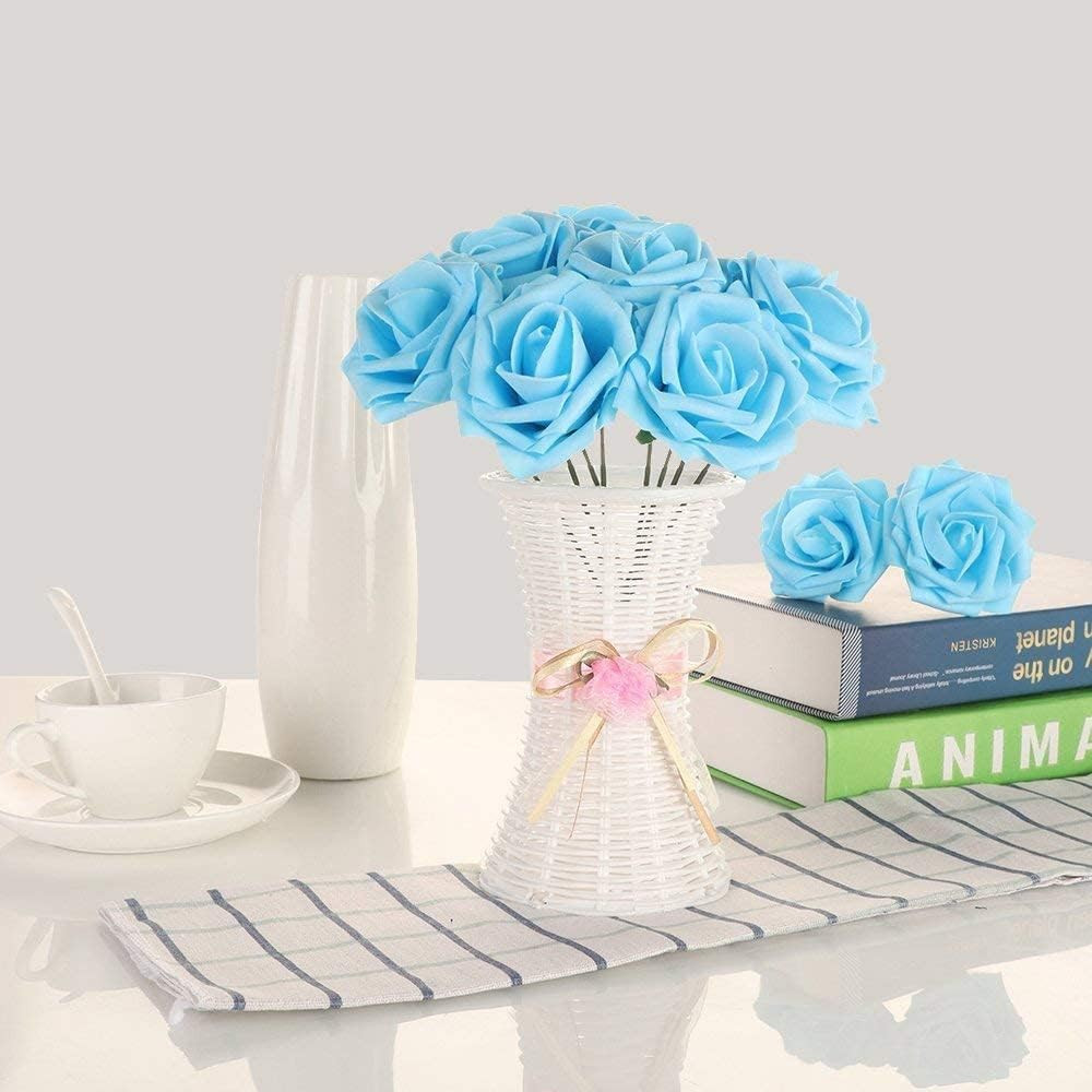 Artificial Flowers 25pcs Real Looking Blue Foam Fake Roses with Stems for DIY…