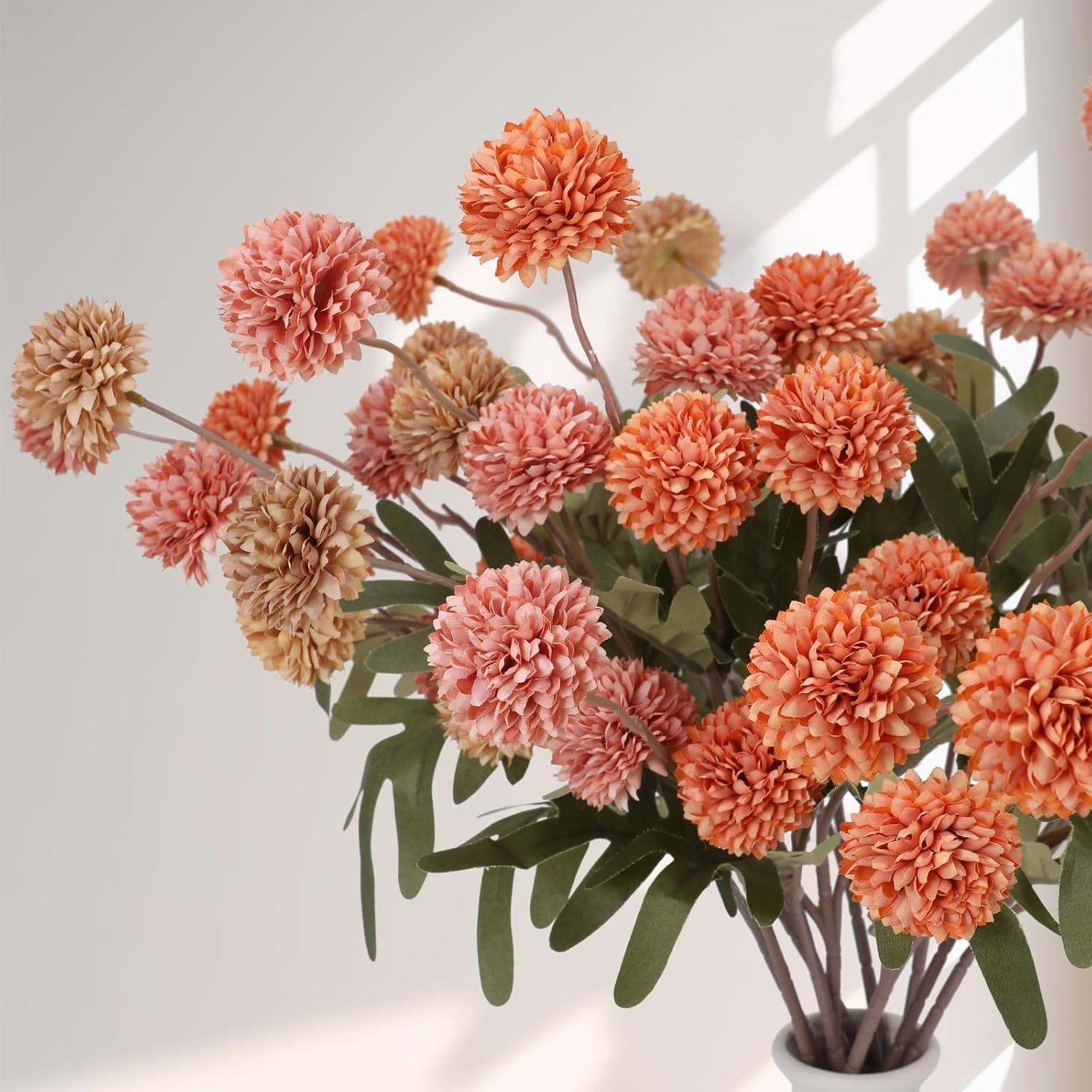 Fall Faux Pompon Mum Flowers – 10 Stems, 21” Long Burnt Orange Brown Pink Orange