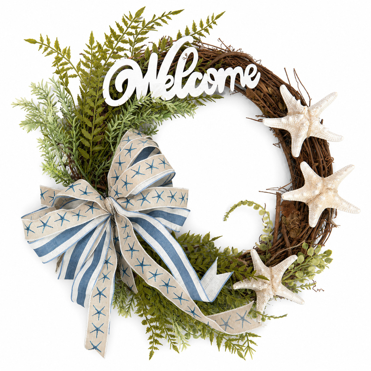 Coastal Starfish Welcome Wreath – Choice of 2 Ribbon Styles- Handmade Front Door
