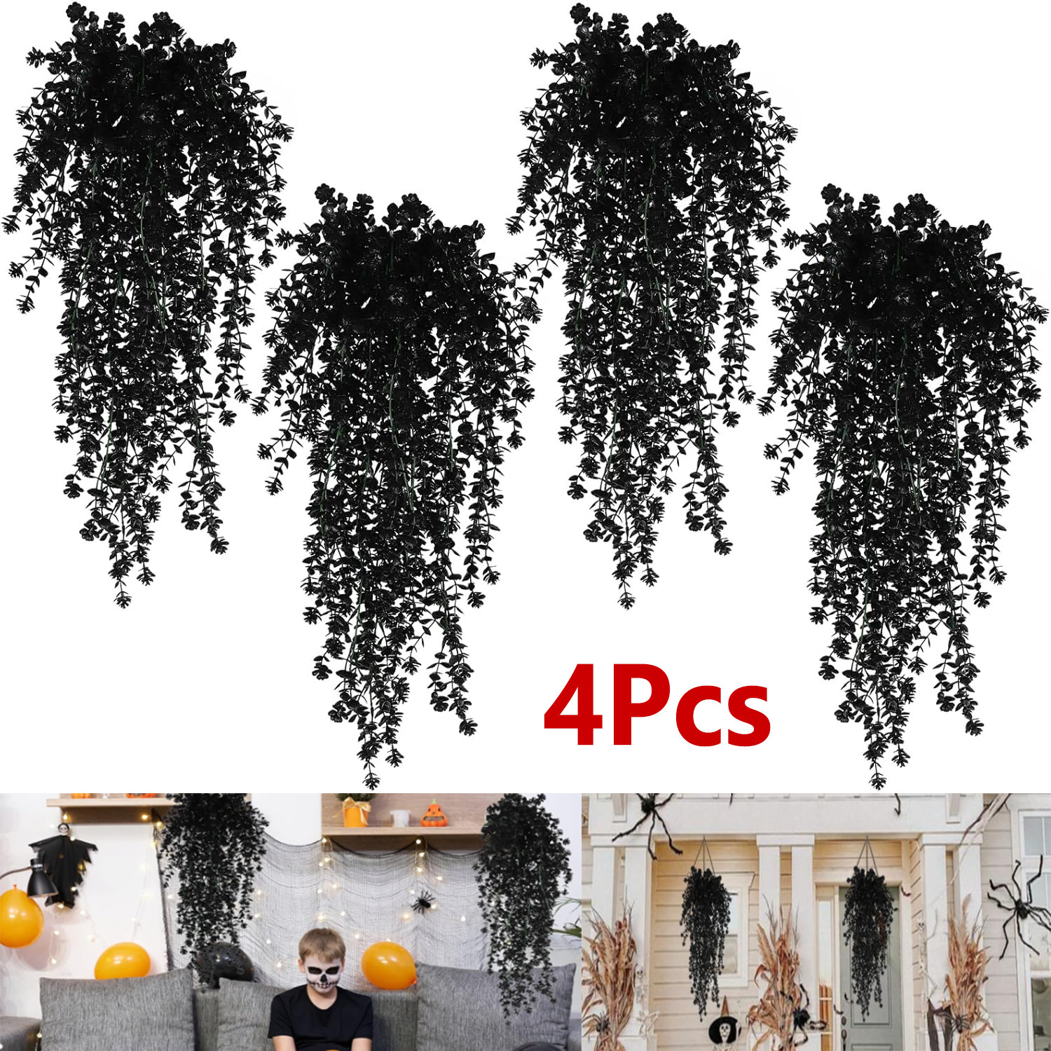 4PCS Black Artificial Hanging Plants Flowers for Halloween Party Gothic Decor