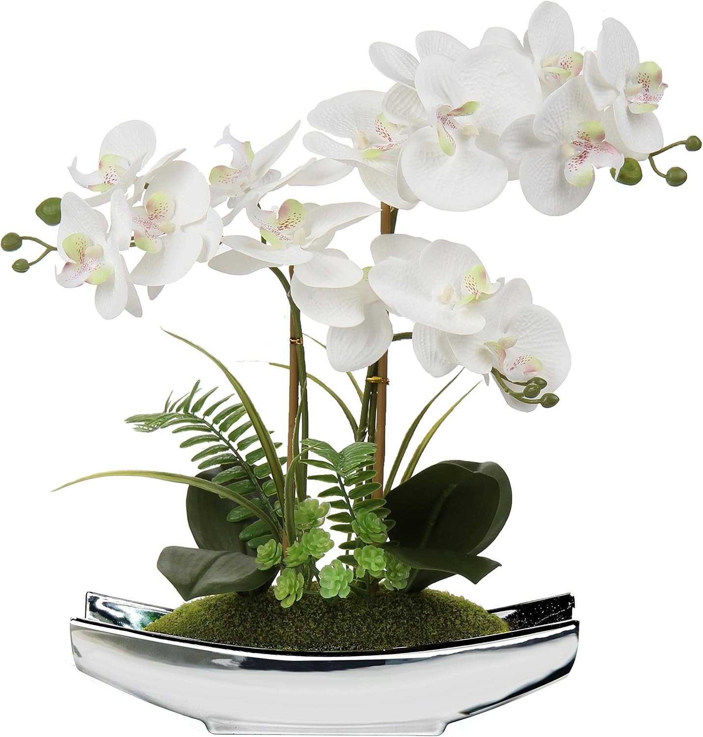 Elegant 15″ White Faux Orchid Arrangement in Silver Boat Pot | Centerpiece