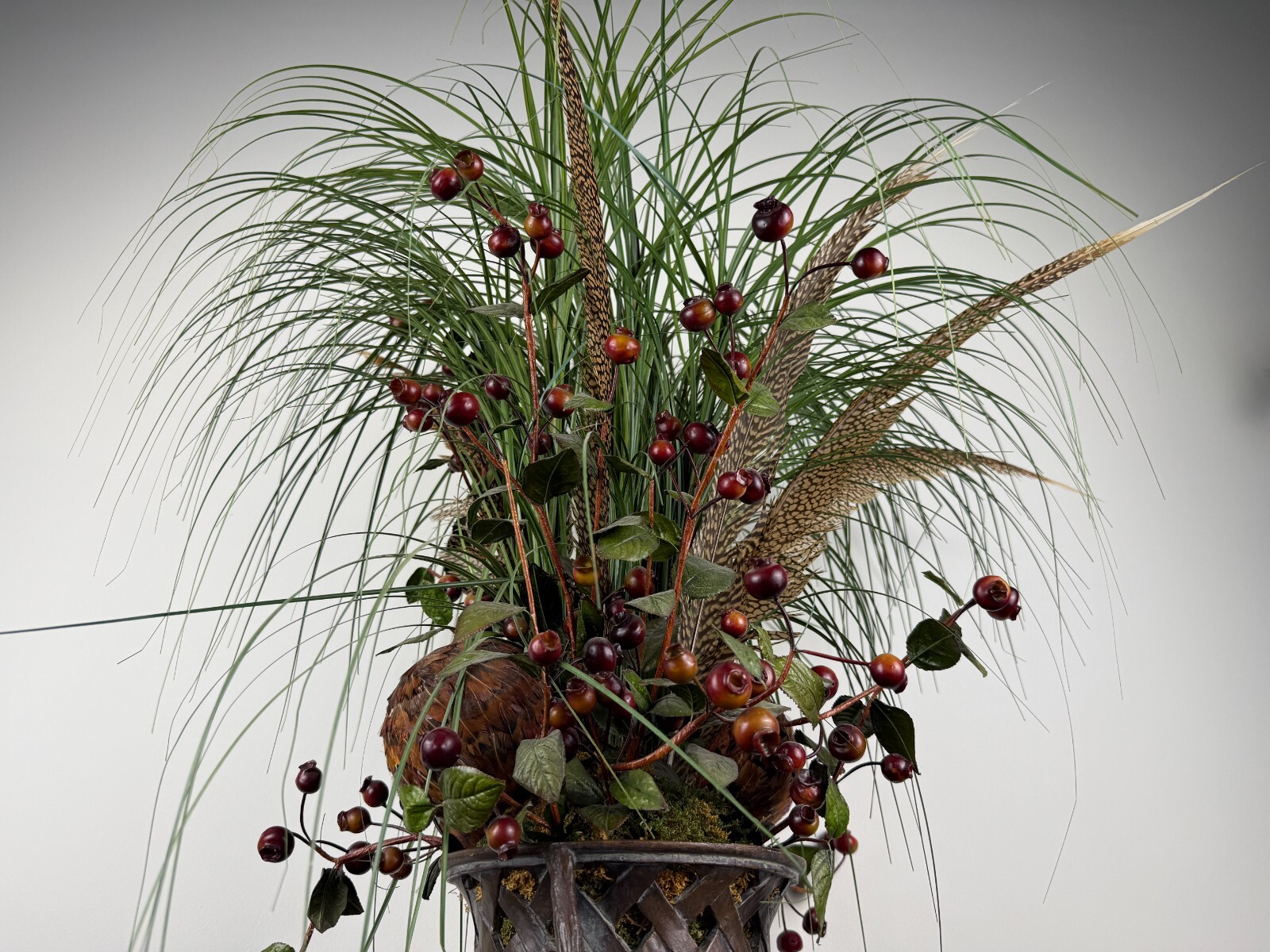 Rustic Stag Head Urn Faux Floral Arrangement Pheasant Feather Lodge Centerpiece