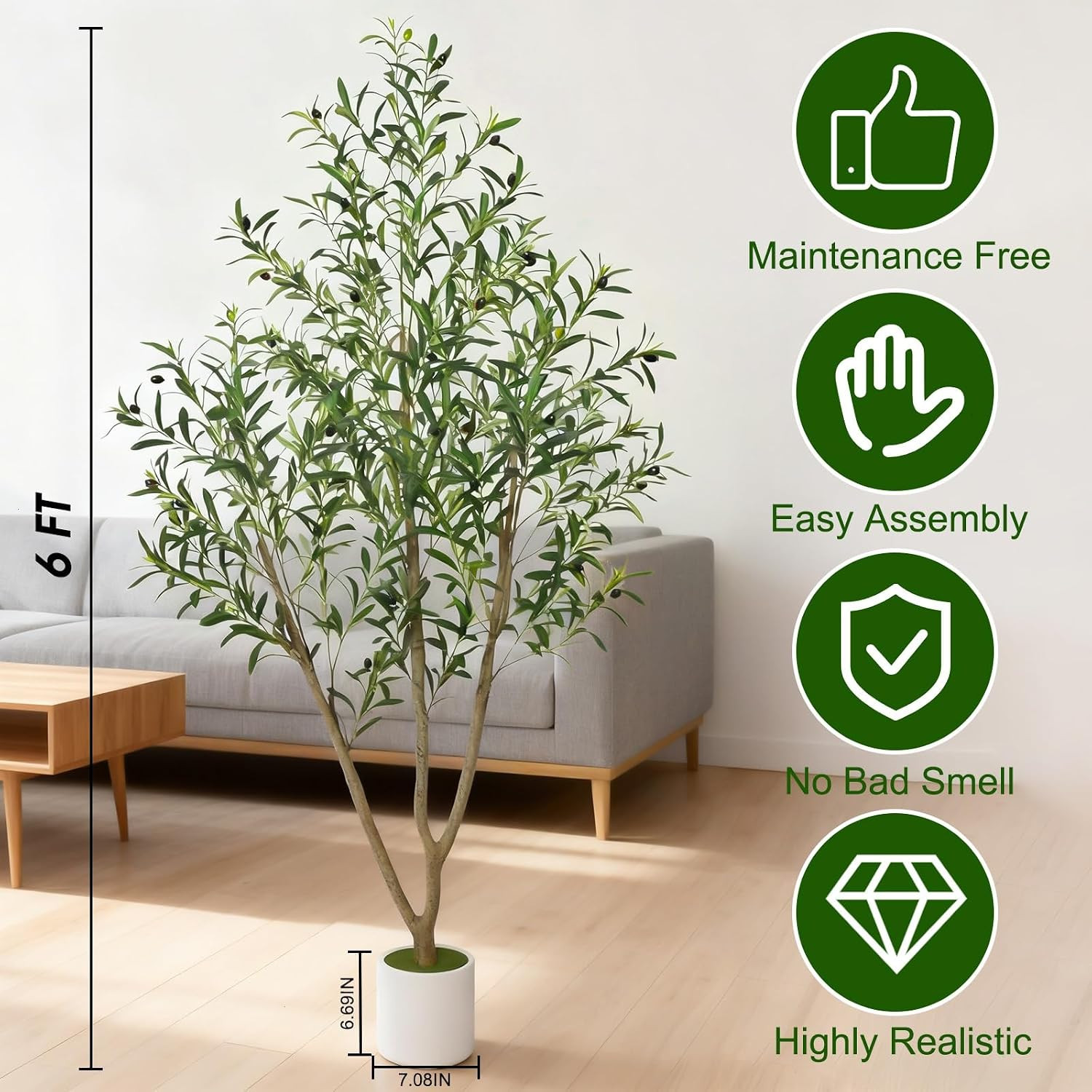 6FT Tall Artificial Olive Tree Faux Plant Indoor White Planter Home Office Decor