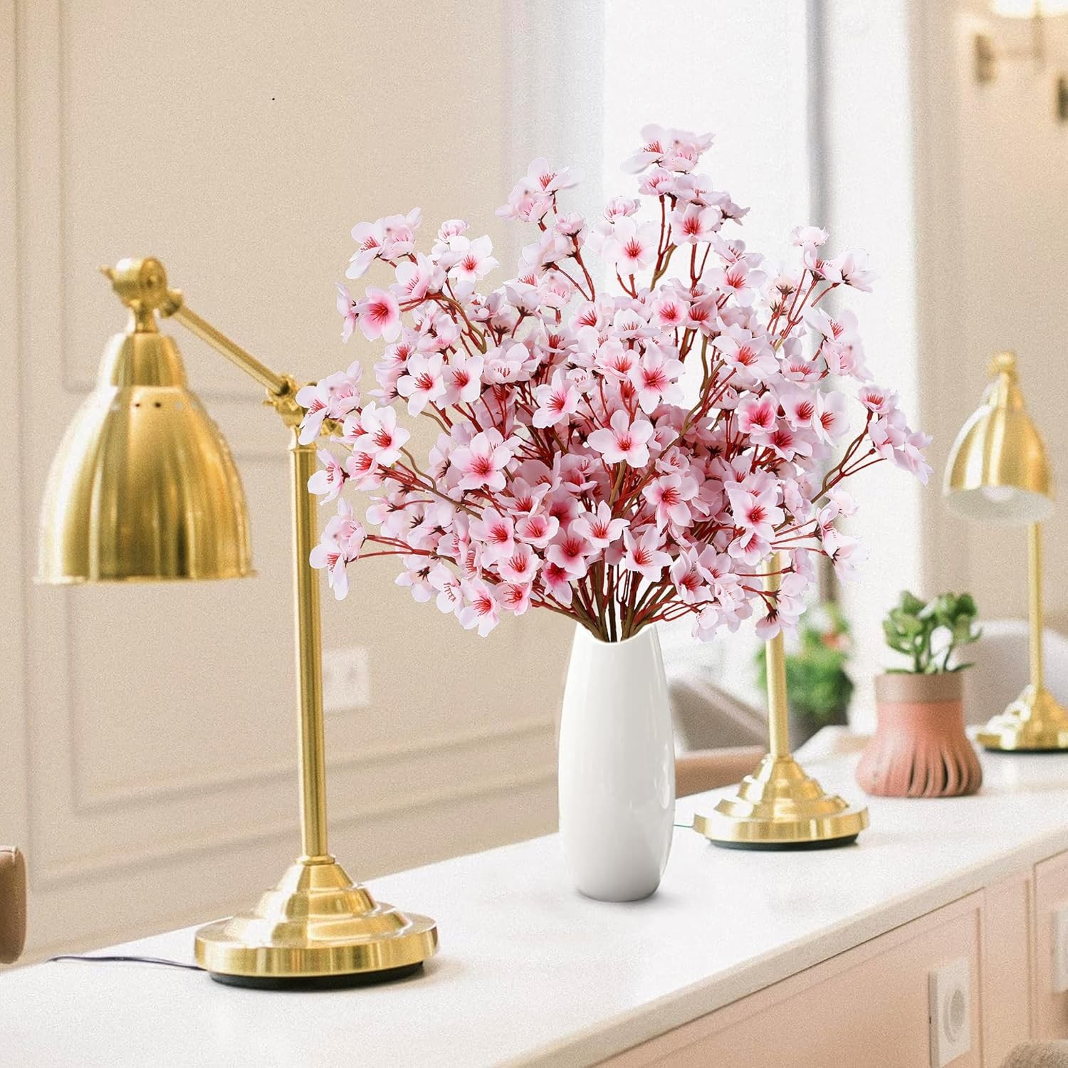 Sggvecsy Artificial Cherry Blossom Flowers 4 Pcs Faux Cherry Blossom Stems Faux