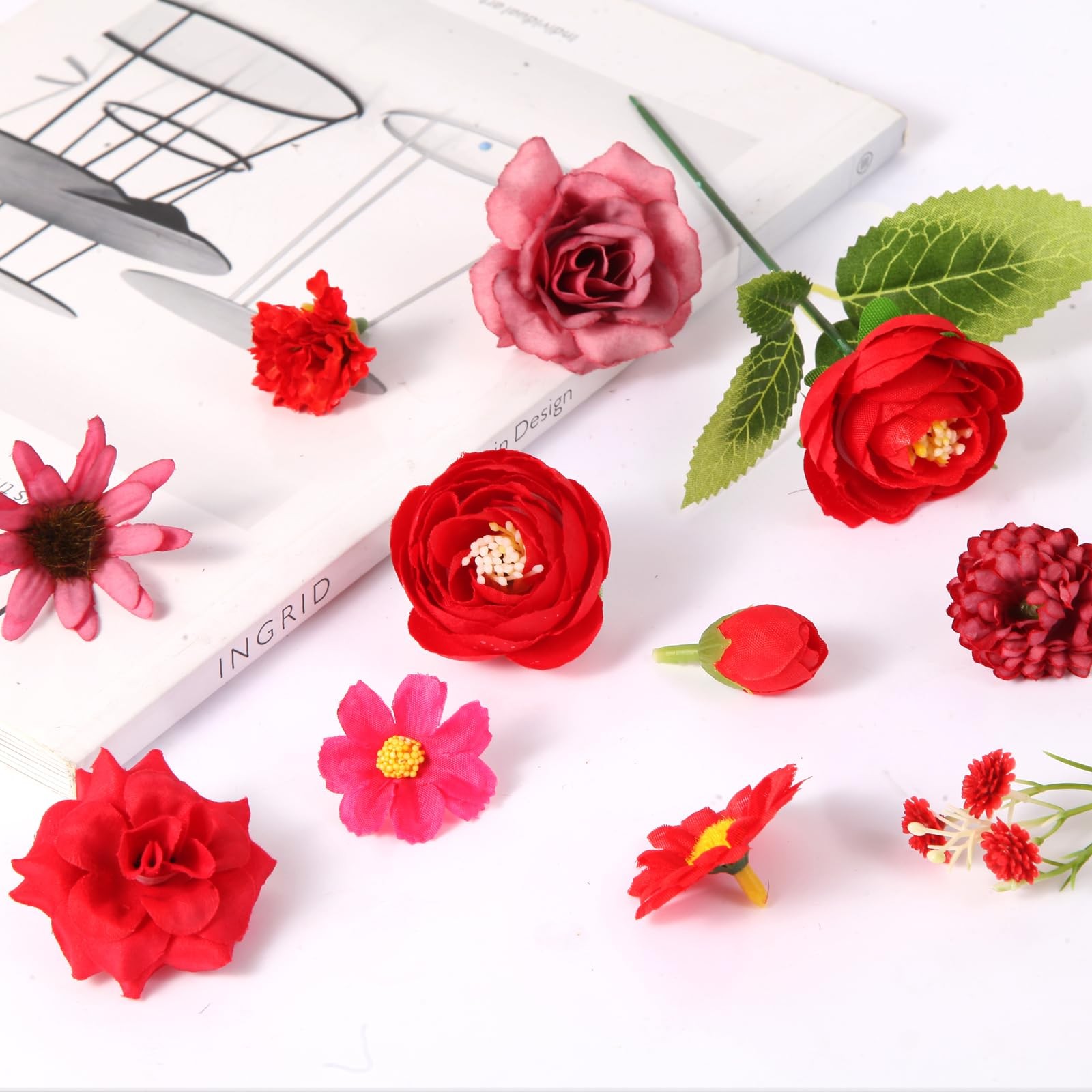 100 PCS Red Fake Mini Silk Artificial Flower Heads For Hair Crafts Wedding