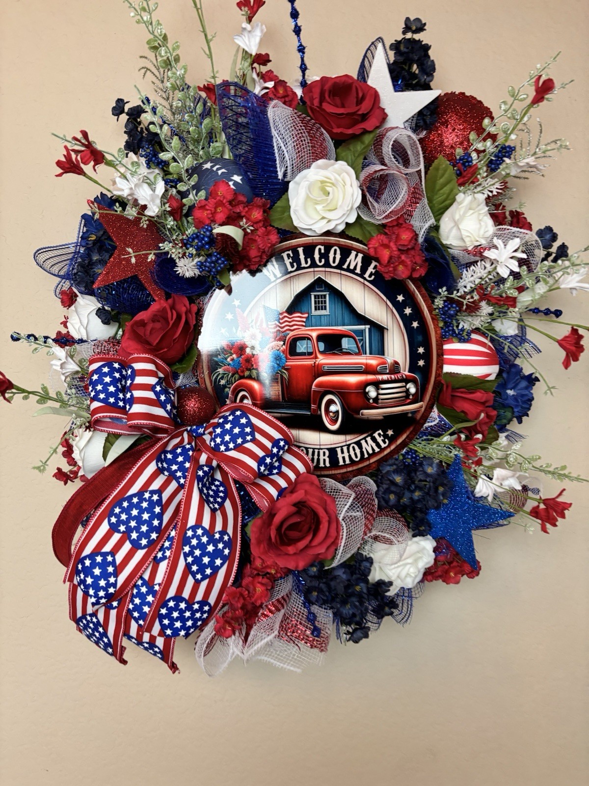 Patriotic Wreath 4th Of July Door Decor Red White Blue Truck Welcome To Our Home
