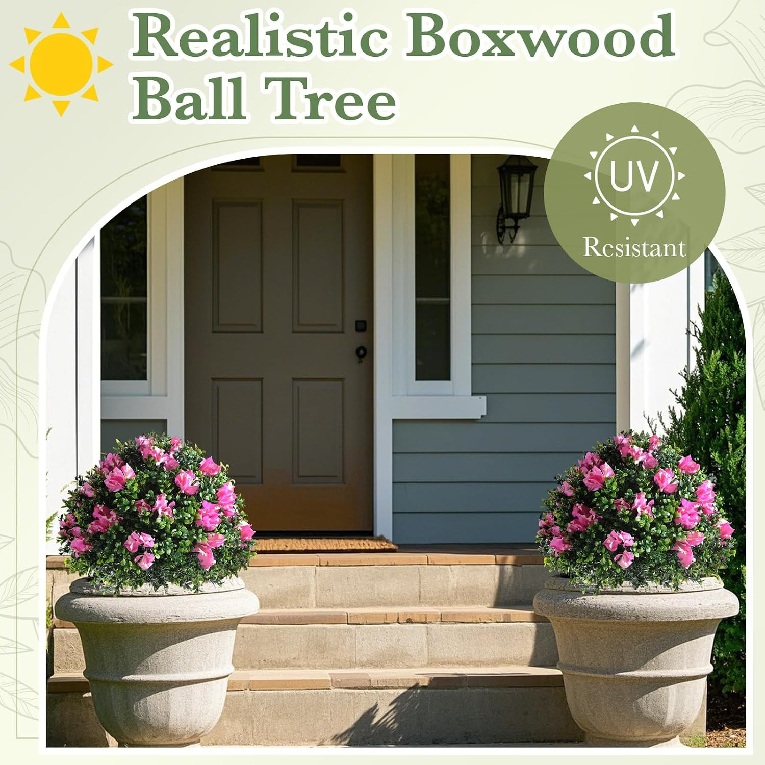 6 Pack 18″ Artificial Boxwood Topiary Balls with Bougainvillea Flowers with Spik