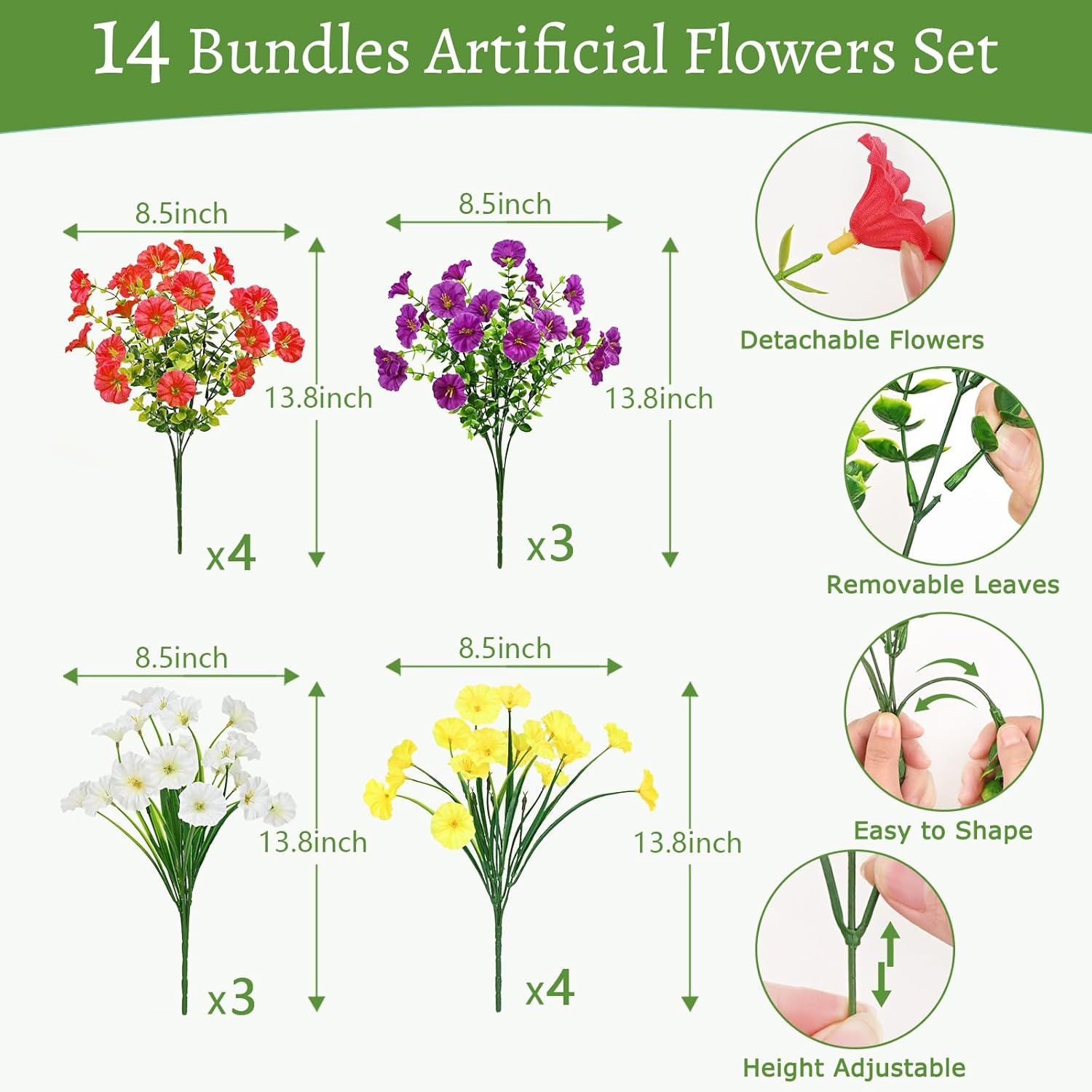 Artificial Flowers for Outdoors, 14 Bundles Fake Outdoor Flowers, UV Resistant A