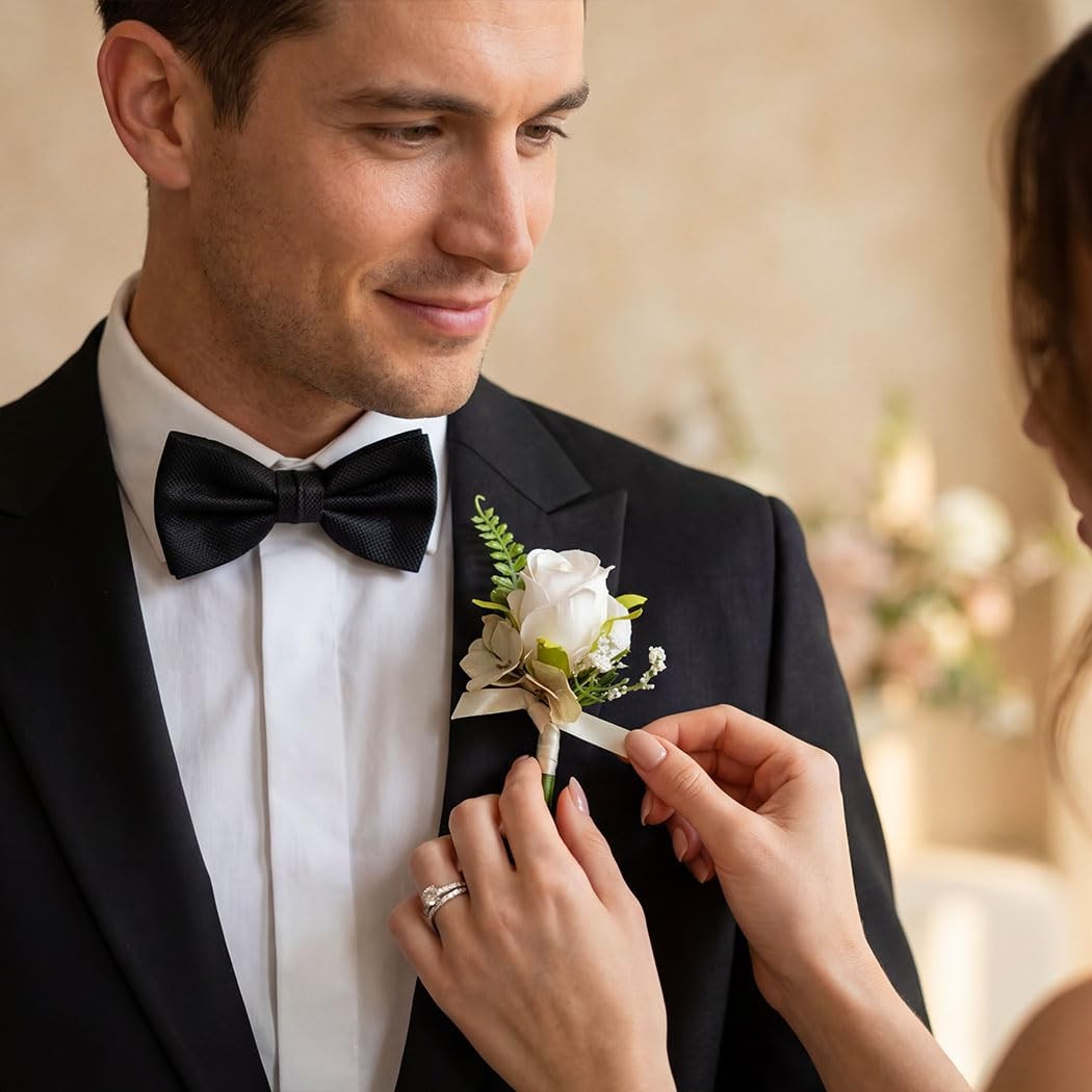 White Rose Artificial Flowers Boutonniere For Men Groom Wedding Prom