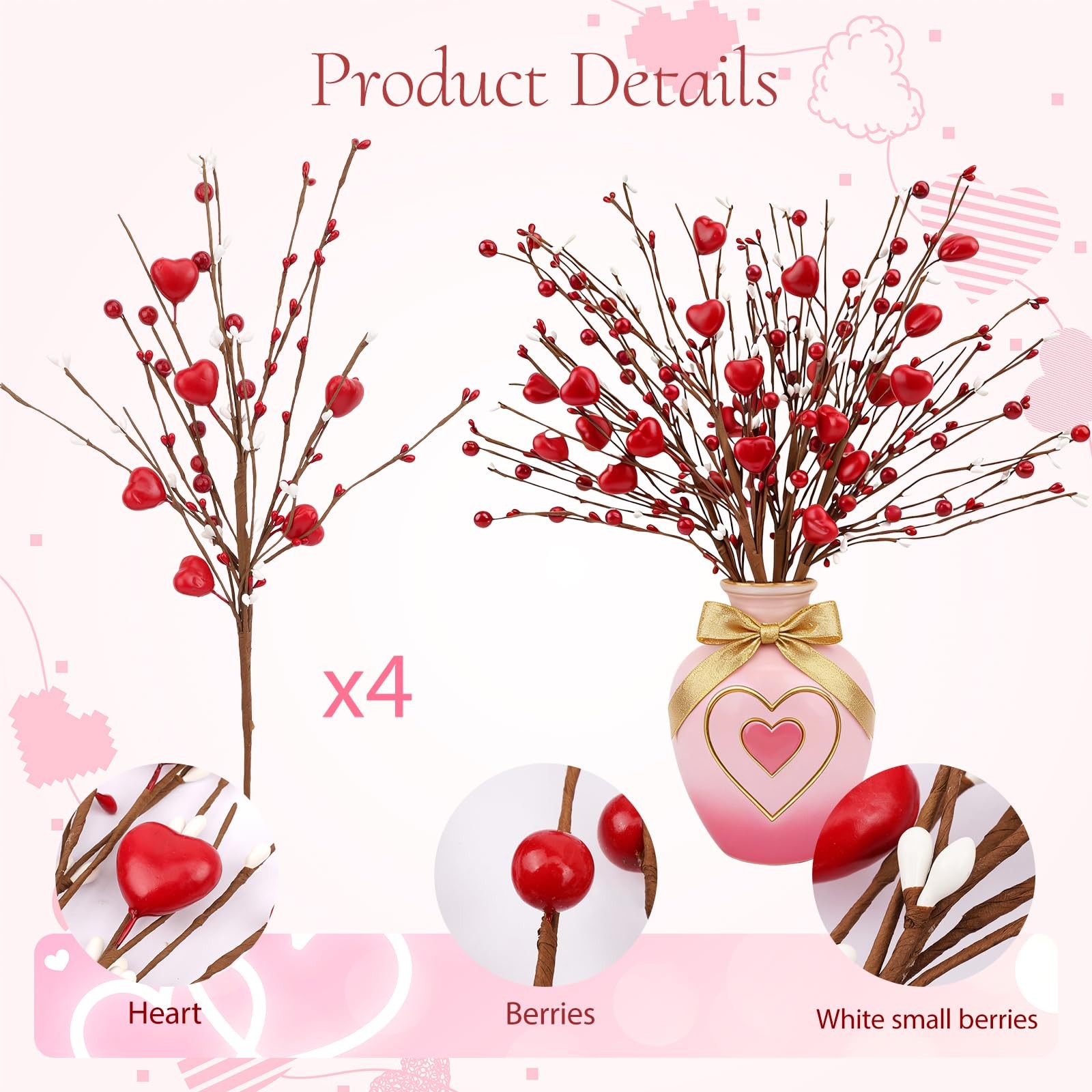 4Pcs Red Heart Berry Stems Artificial Flowers for Wedding and Anniversary