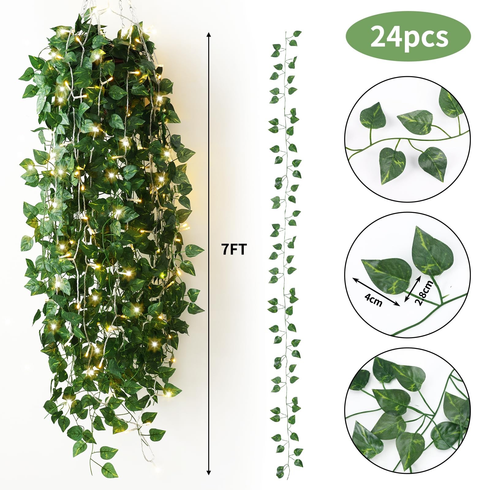 CEWOR 24 Pack 173ft Fake Ivy Vines, Artificial Ivy Garland with 200 LED String