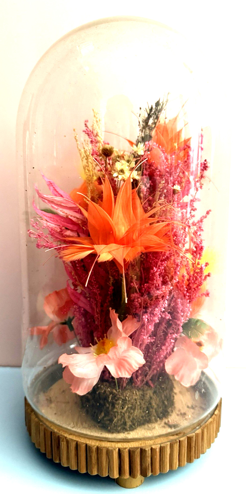 Vintage Plastic & Dried Flowers in Cloche by Allied Enterprises Inc. Bamboo Base