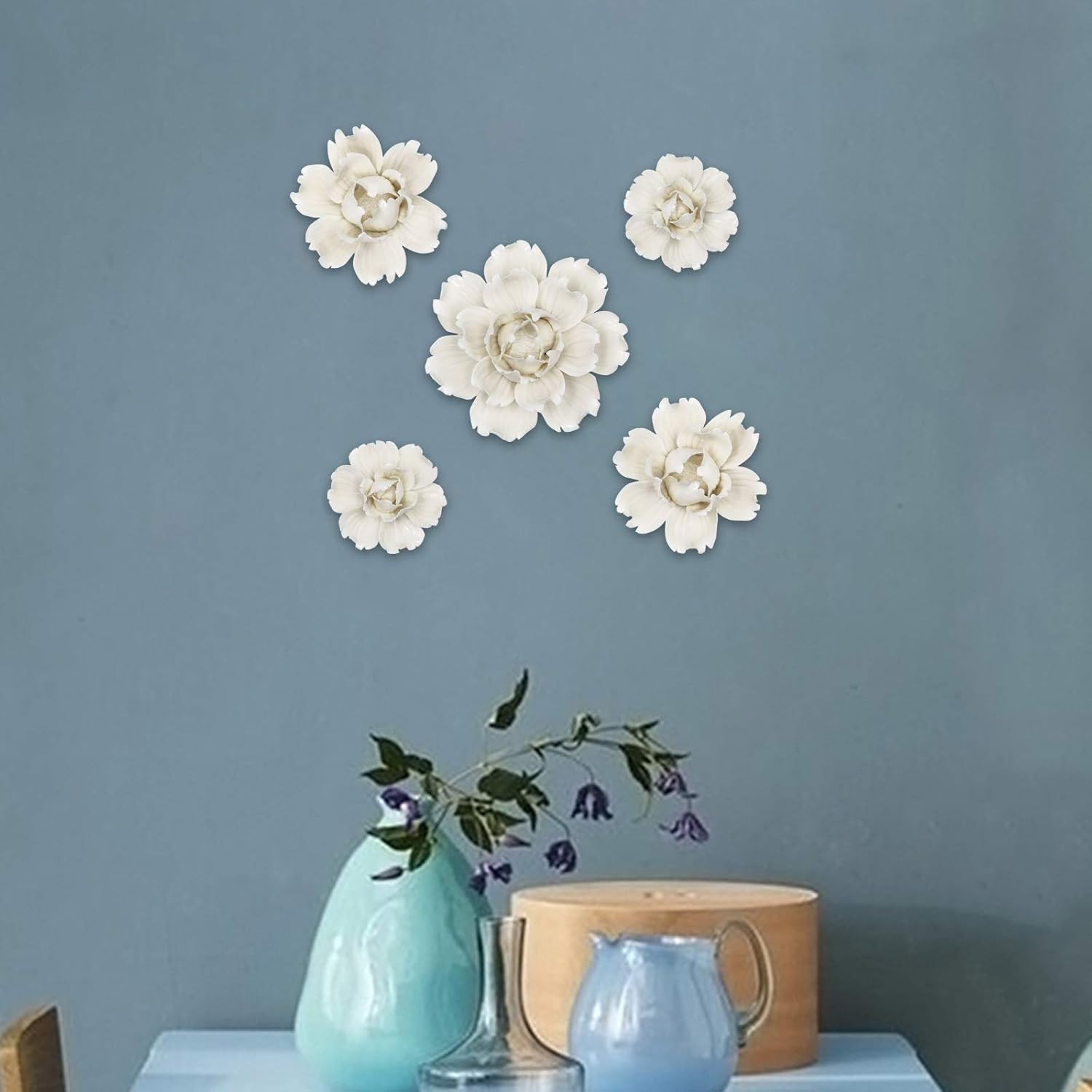 5 Pcs Ceramic Flower Wall Decor Handcrafted 3D Hanging Porcelain Flowers Wall Ar