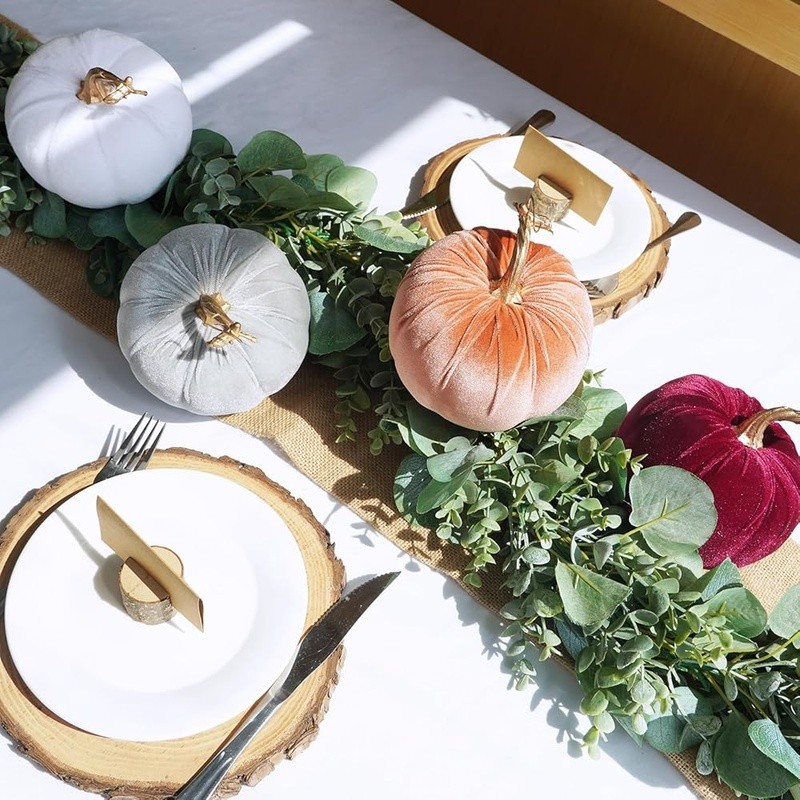 Decorative Faux Velvet Pumpkins Fall Home Decor Wedding Centerpieces 4pcs New