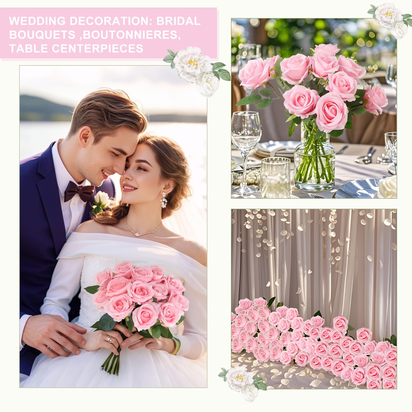 Artificial Roses Bulk Pink Silk Rose with Stem, 52pcs Fake Flowers Decoration…