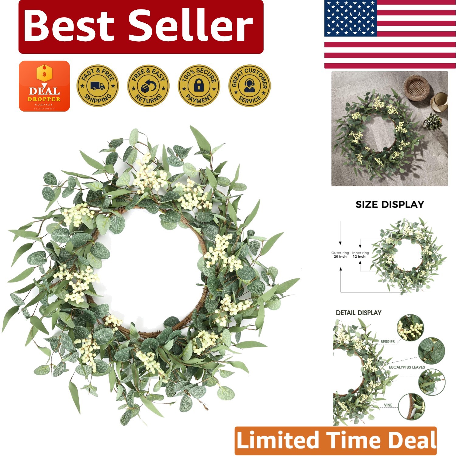 Versatile 20” Eucalyptus Wreath for Front Door – Perfect Seasonal Decoration