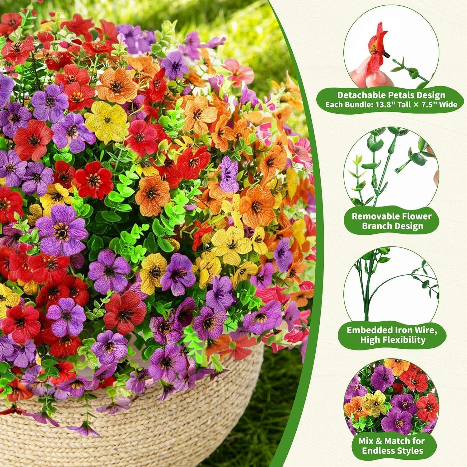 Artificial Outdoor Flowers, Realistic UV Resistant Waterproof Faux Plants, Full
