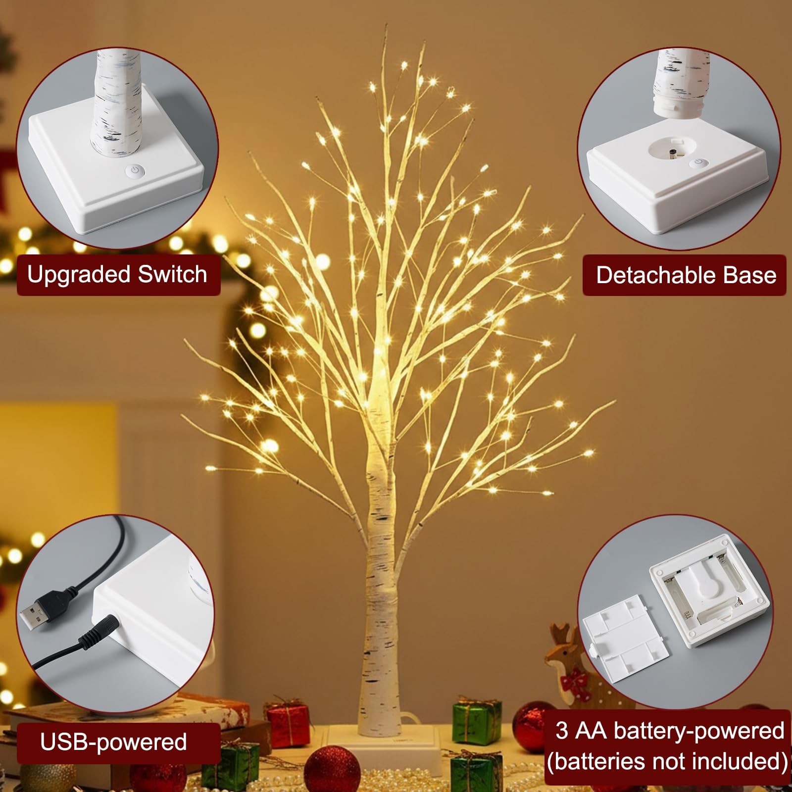 2ft Lighted Birch Tree with 144 Warm White LEDs – Small White Christmas Tree …