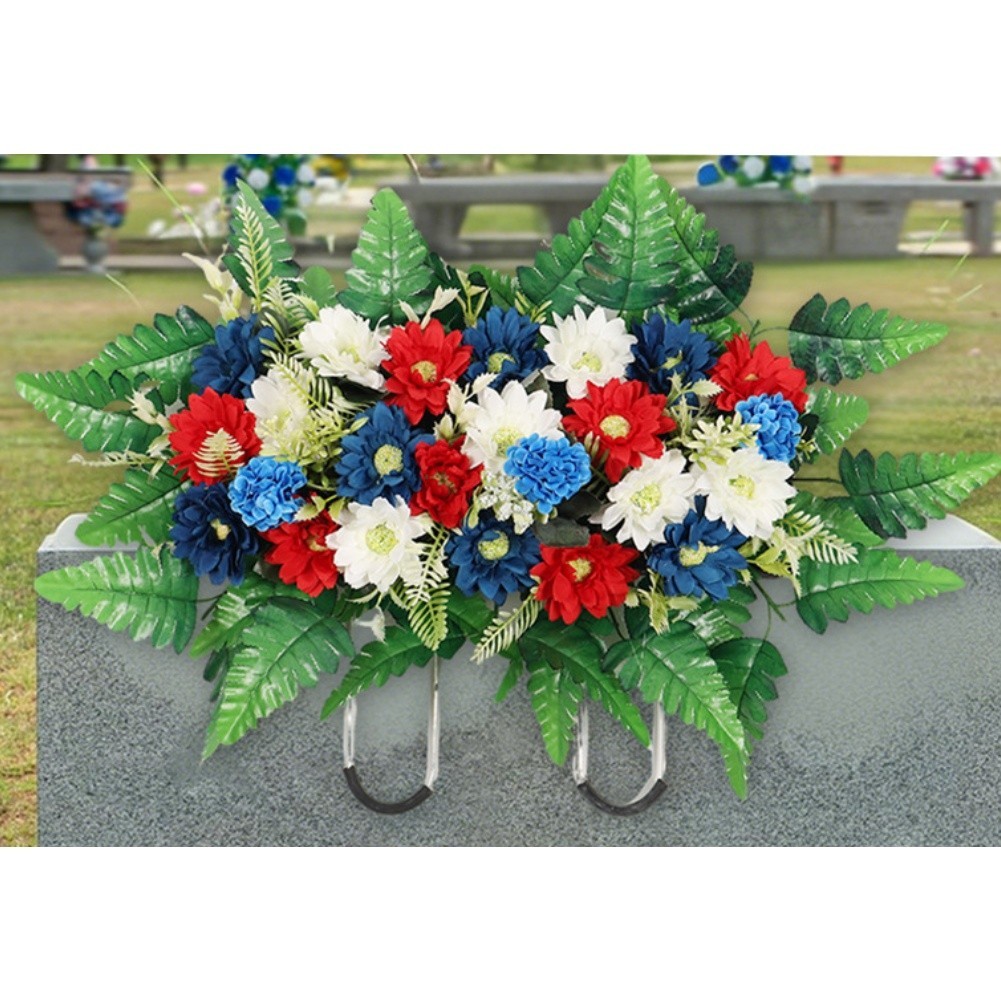 Patriotic Silk Floral Bouquet with Dense Daisy Layout 19.7×13.8in Outdoor Use