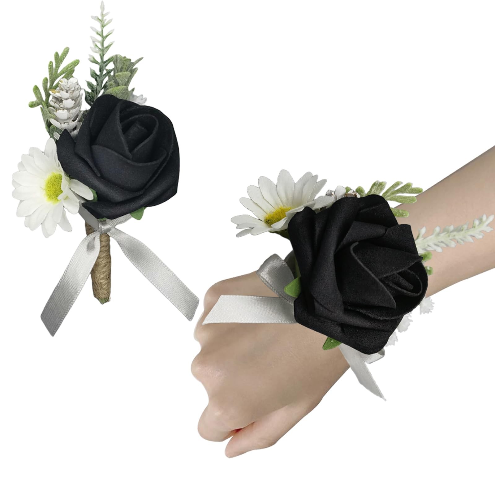 Black Corsage and Boutonniere Set Elegant Corsage Wristlet Accessories for Pr…