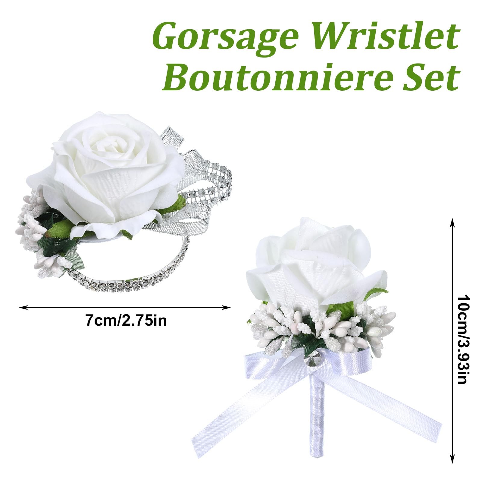 White Rose Corsage Boutonniere Set, Rhinestone 2Pcs Prom