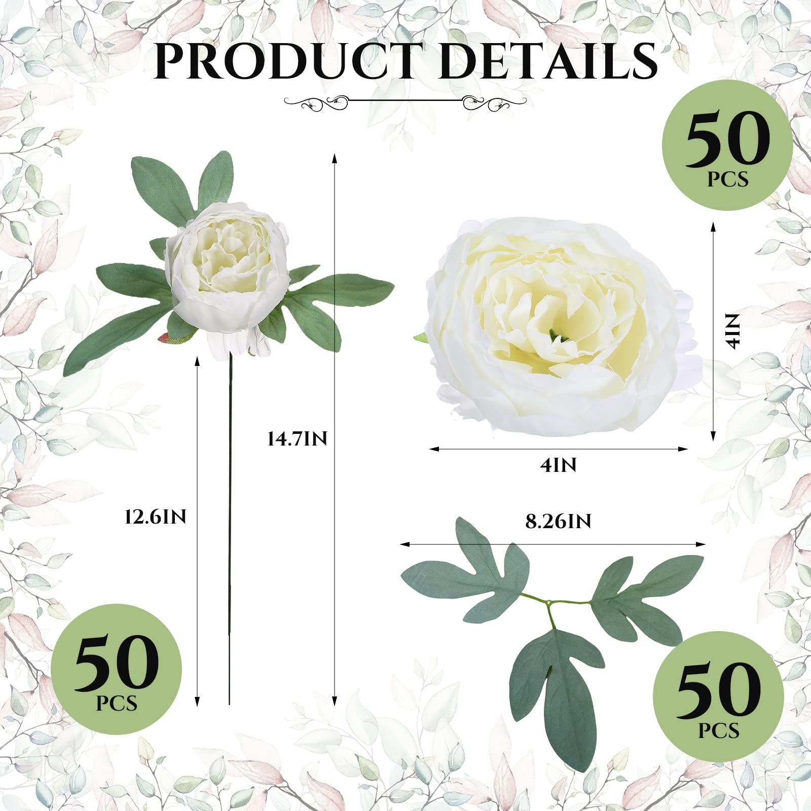 50pcs Artificial Peonies 4inch White Silk Peony Flowers Heads For Decoration Wed