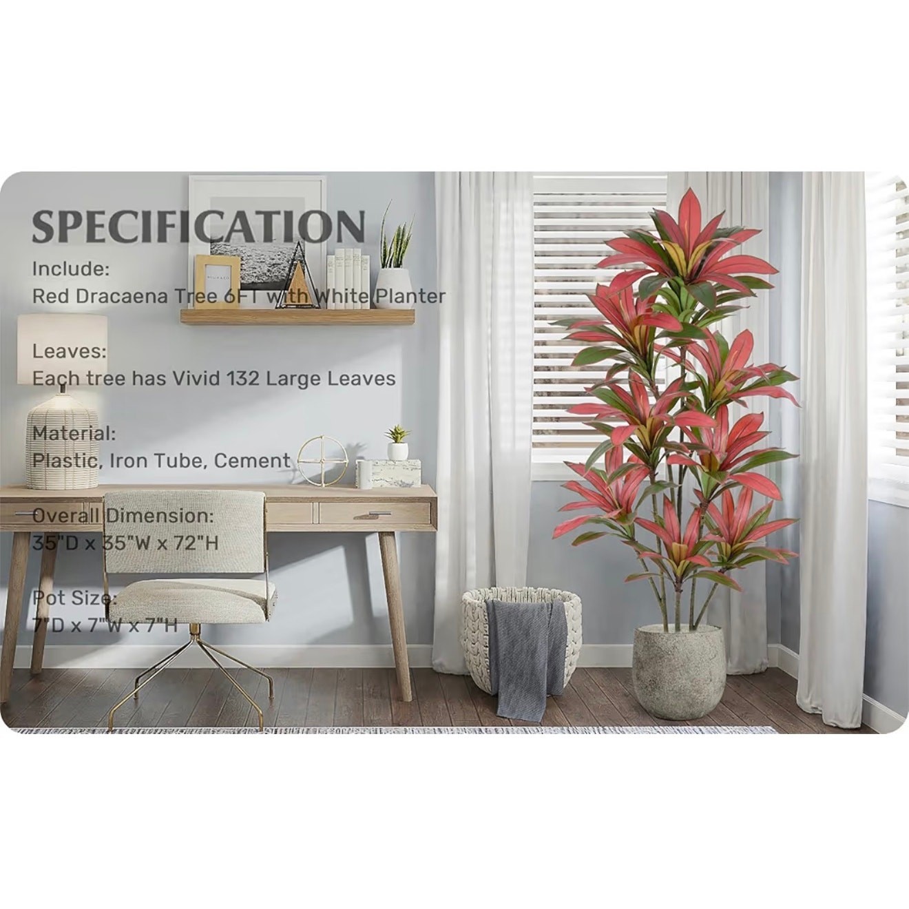 6FT Artificial Dracaena Tree 132 Leaves White Planter Faux Indoor Tropical Decor