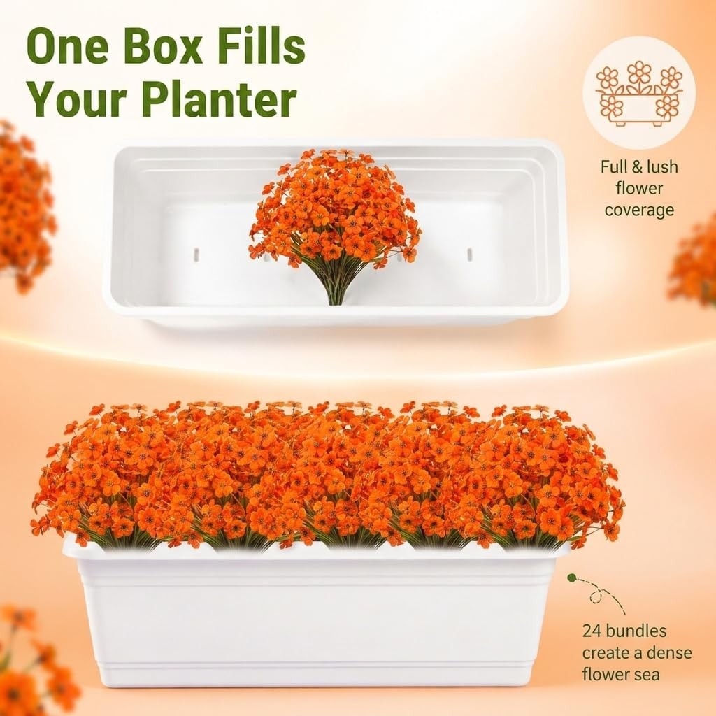 24 Bundles UV Resistant Artificial Flowers, Outdoor Indoor Orange Decor