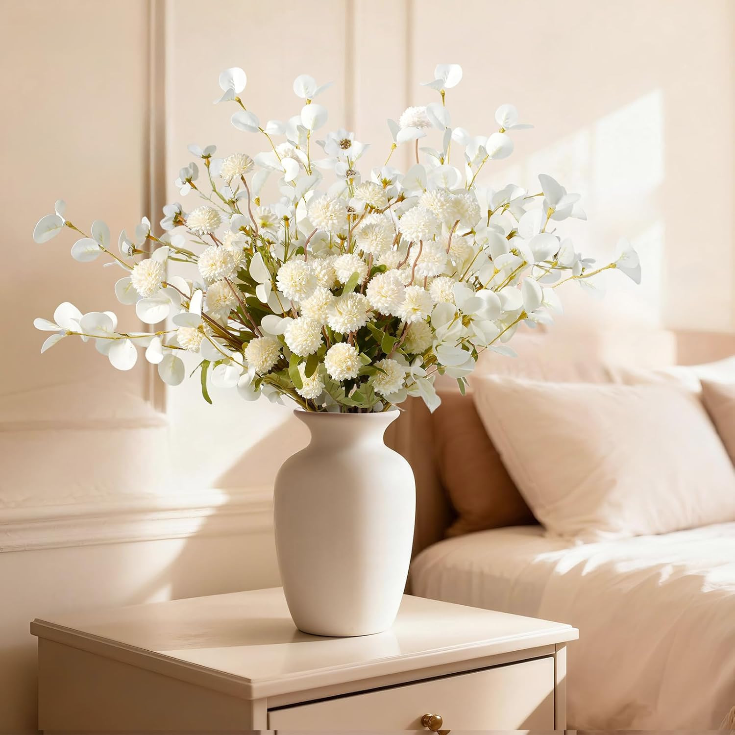 Artificial Flowers, 22 Stems Silk Chrysanthemum Bouquet with 12 Mums, 5 Eucalypt
