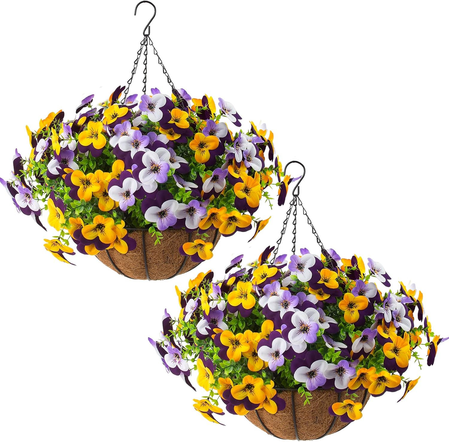 2 Set Artificial Outdoor Pansy Flowers with Hanging Baskets, 2 Hanging Baskets w