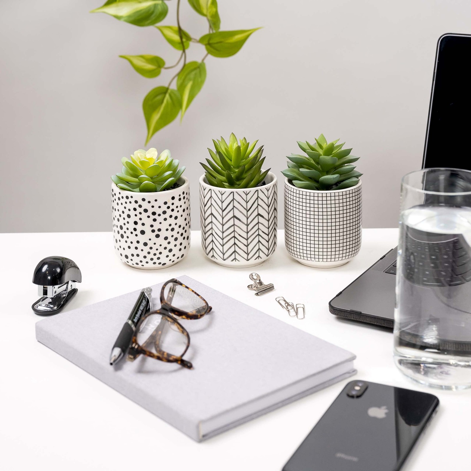 Artificial Succulents in pots | Set of 3 Black and White pots with Faux Succu…
