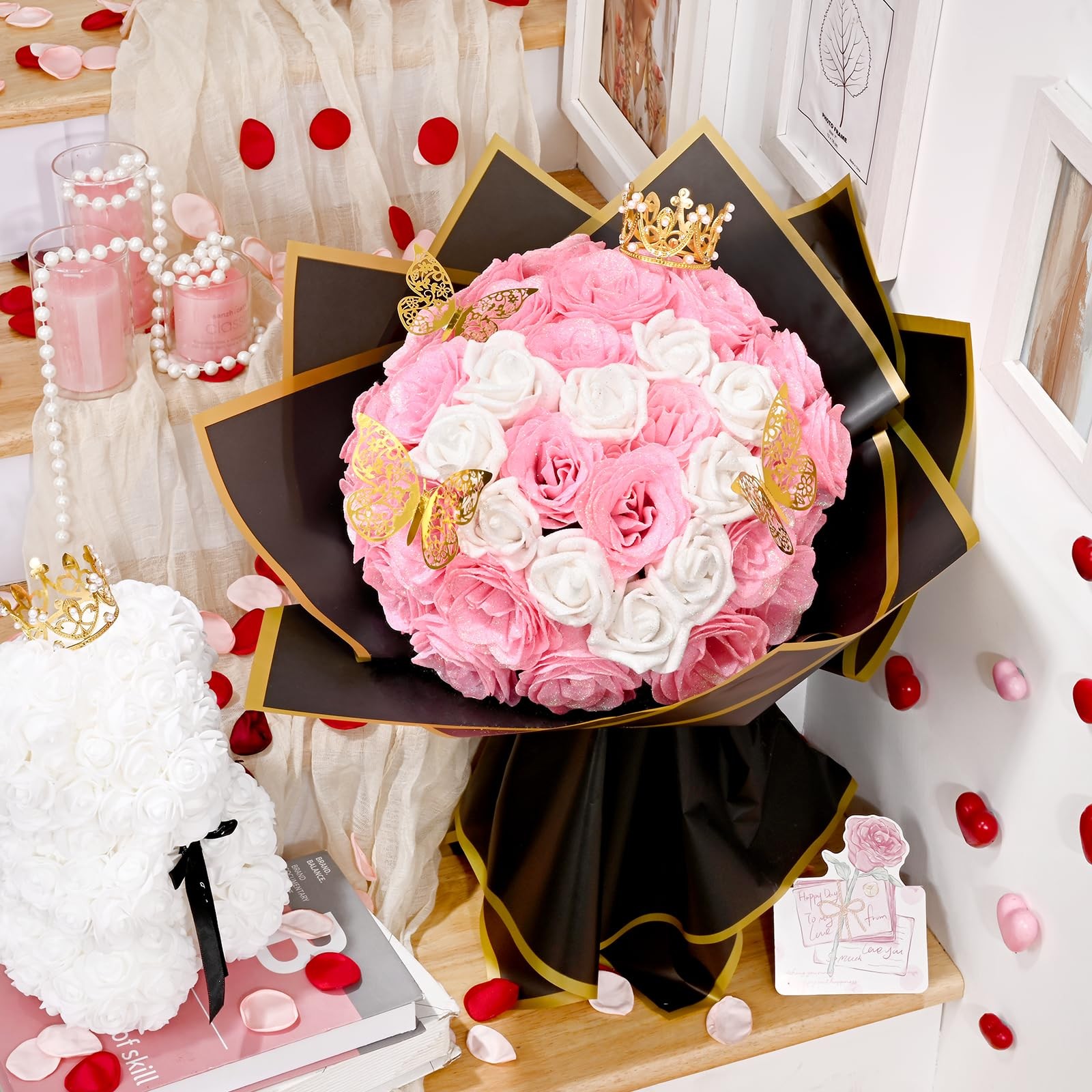 36 Pcs Glitter Roses Bouquet, DIY Fake Flowers Bouquet, Craft the Initials of…