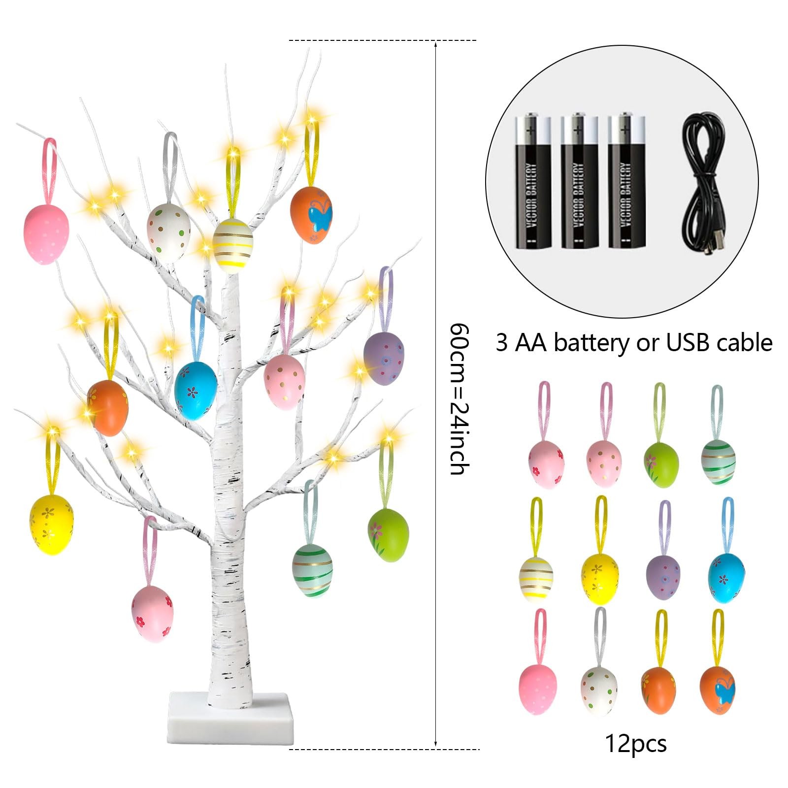 2 Pack Easter Decorations 24 Inch Artificial Lighted Egg Tree, 2