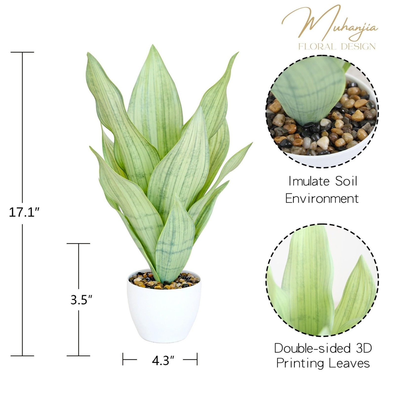 17 Inch Artificial Snake Plant Potted Fake Sansevieria White Planter White/Green