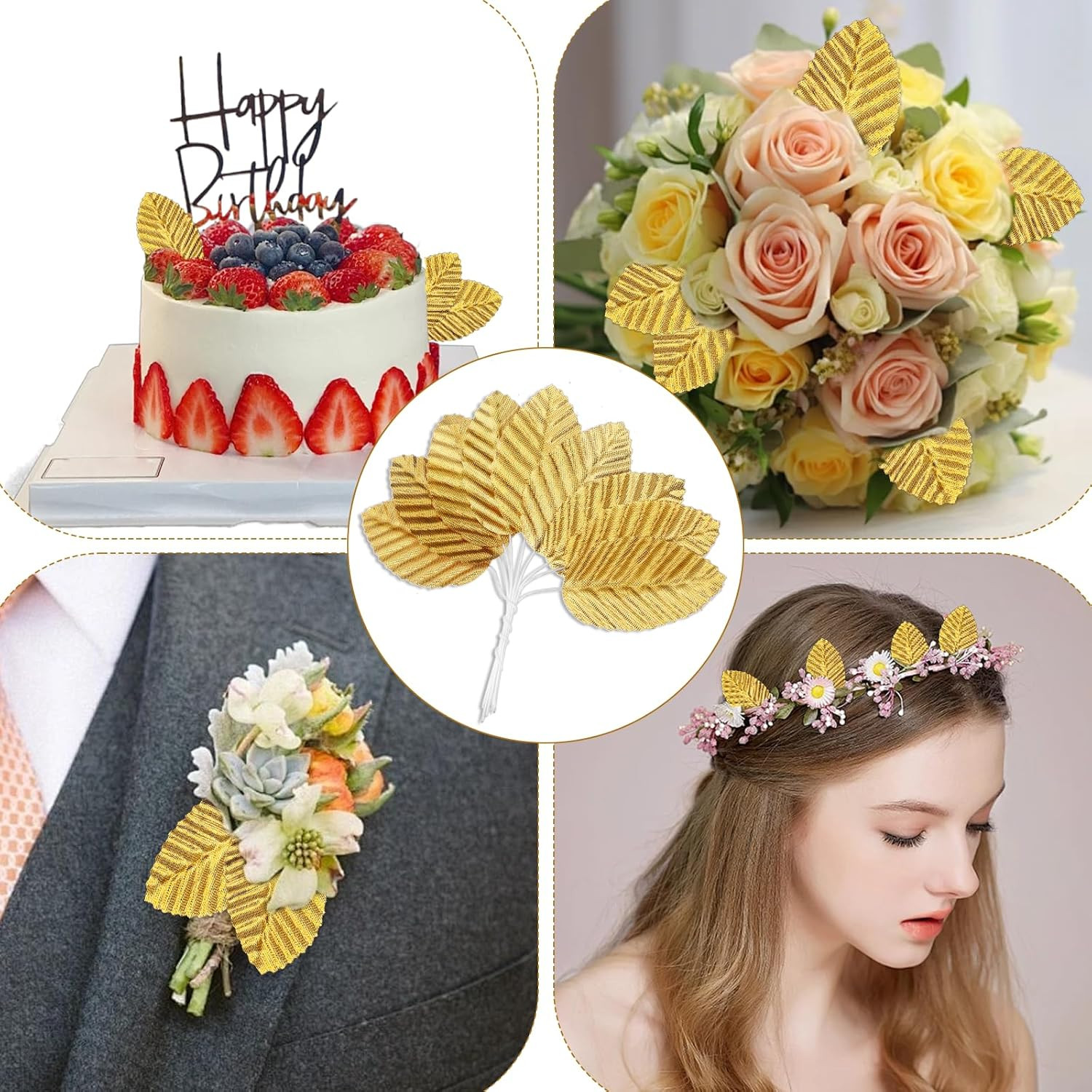 200 Pcs Artificial Leaves with Stems DIY Corsage Single Leaf Crafts Gold Floral