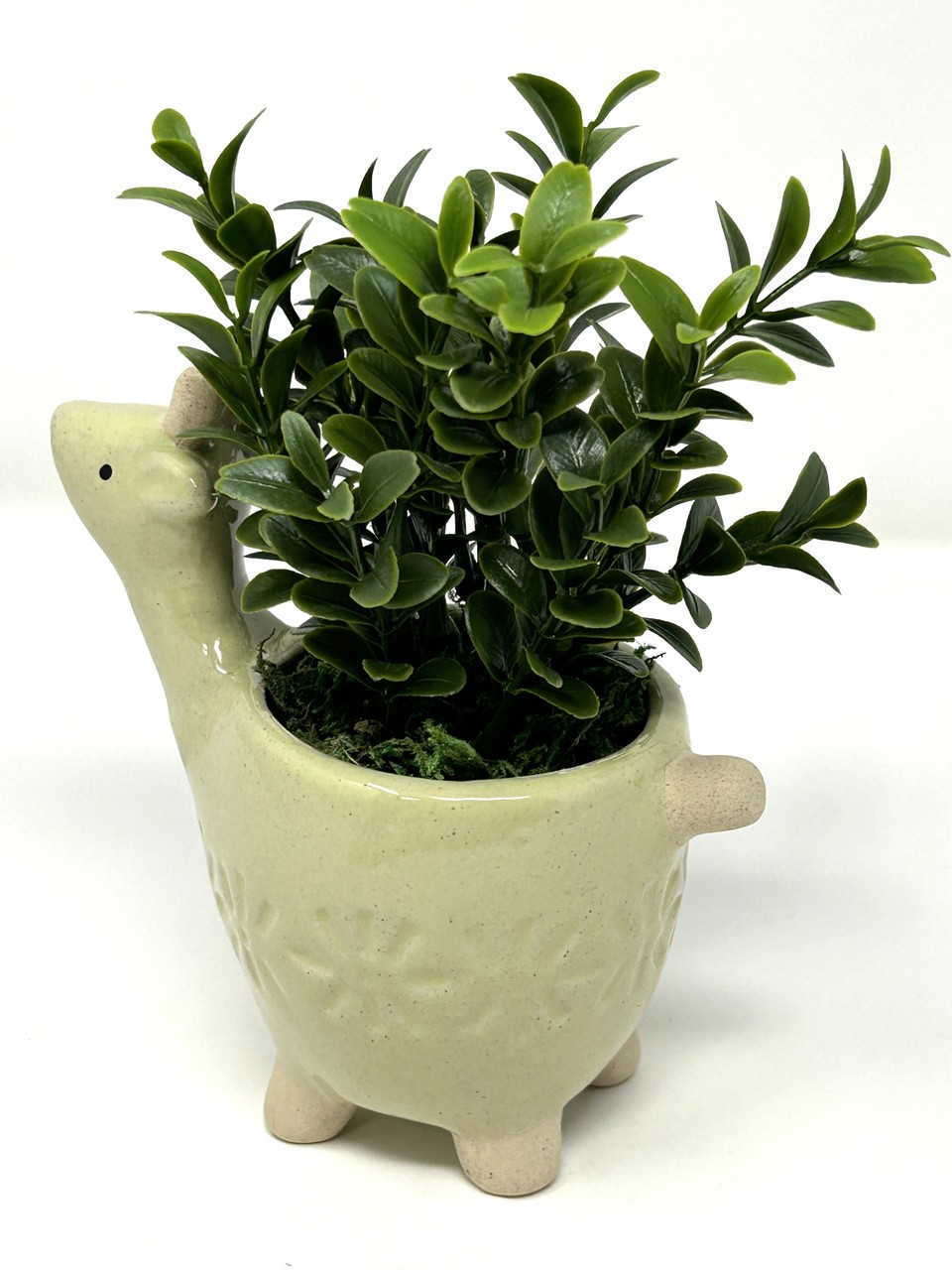 Mini 6″ Artificial Sage Boxwood plastic plant potted in Ceramic DEER Giraffe Pot