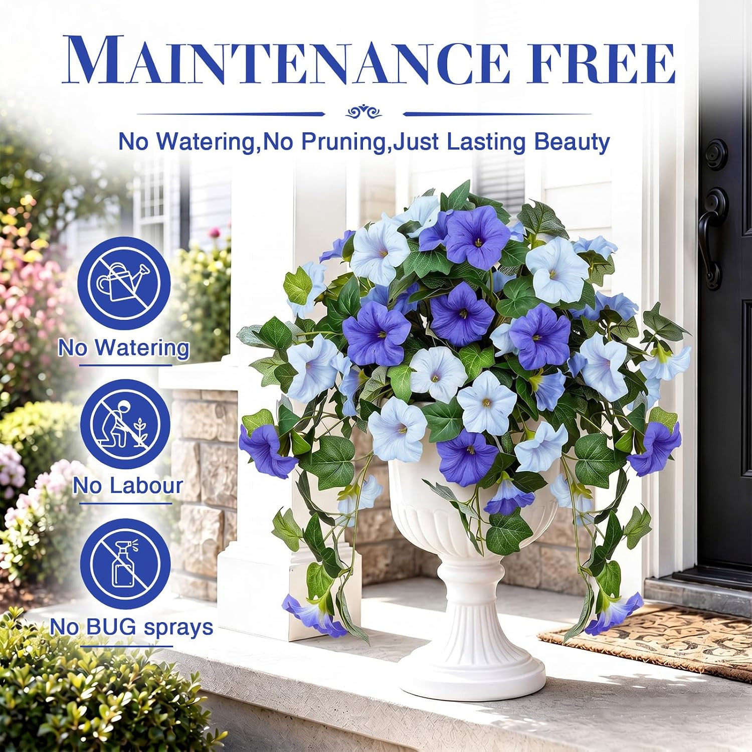 UV Resistant Faux Petunias – 2Pcs Blue & White Hanging Outdoor Flowers