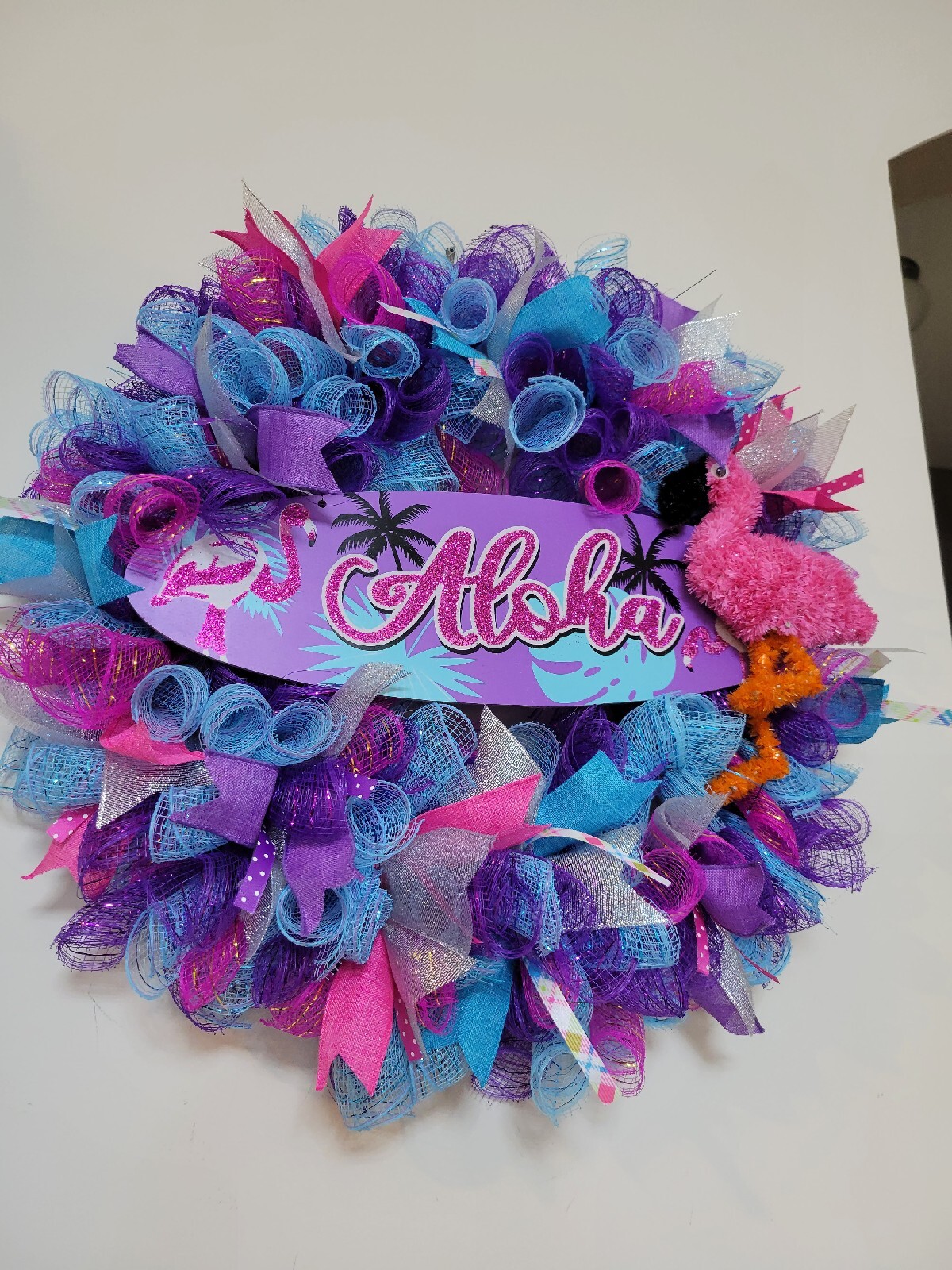 ALOHA Summer Spring Mesh Front Door Wreath Wall Decor BRIGHT Purple Pink Blue