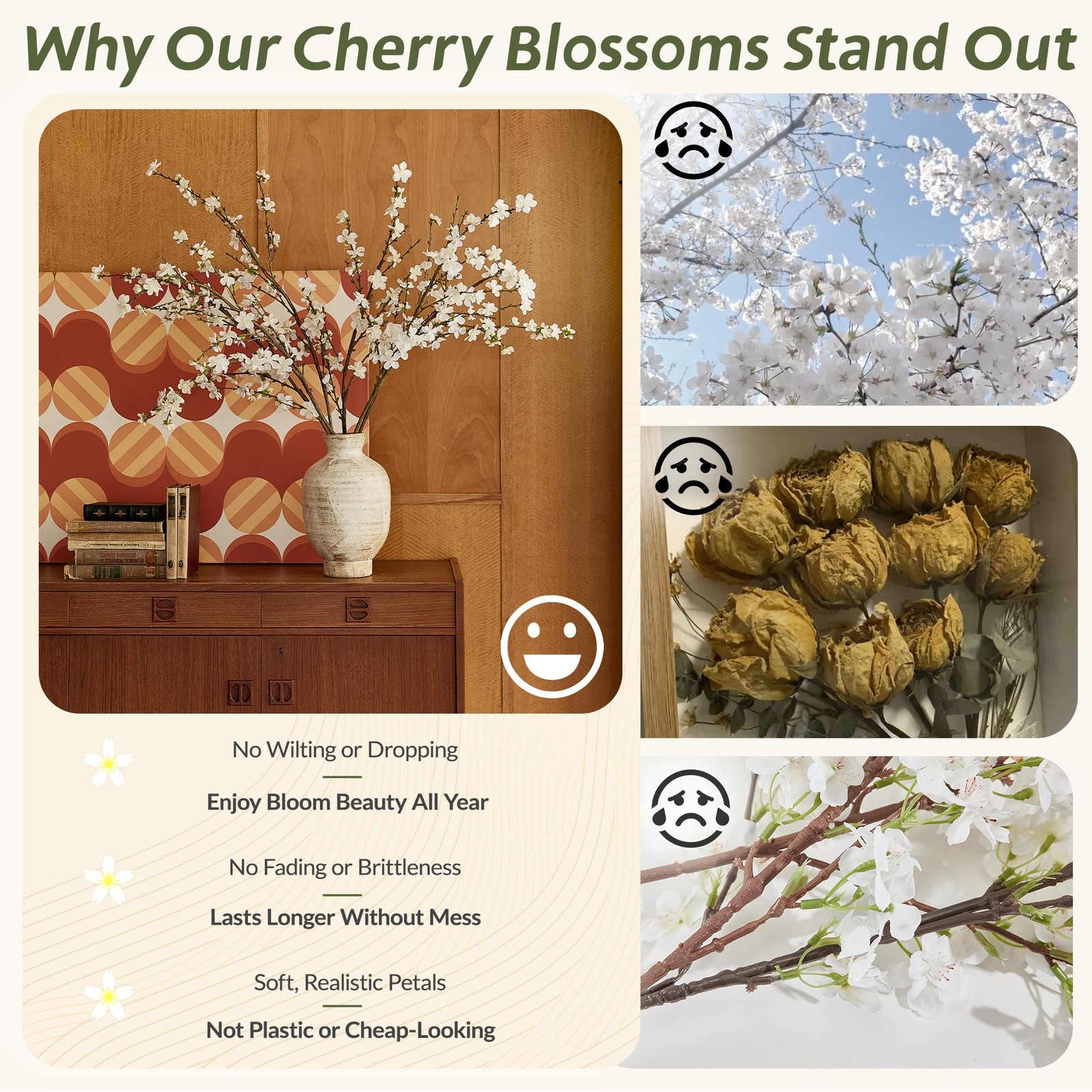 4 PCS 43″ White Realistic Silk Artificial Cherry Blossom Branches Faux Flowers