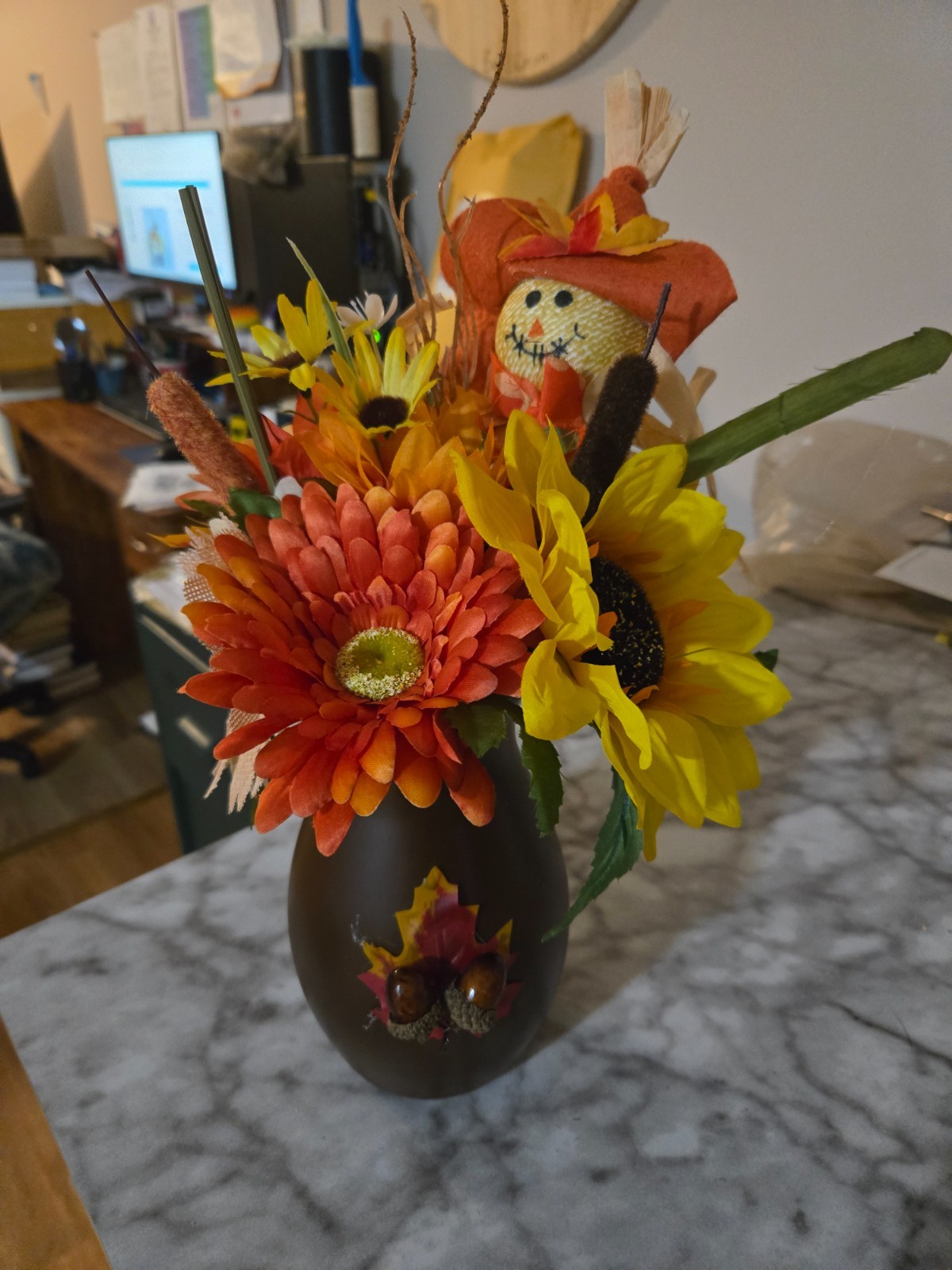 Blooming Autumn Floral Arrangement Fall 8” Glass Vase 4” Artificial Silk New