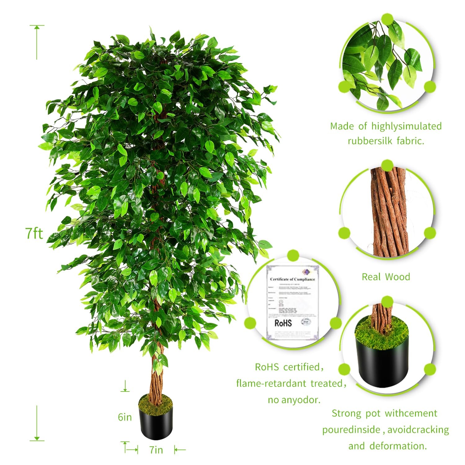 OXLLXO 7ft Artificial Ficus Silk Tree (82in) with Plastic Nursery Pot Faux Tr…