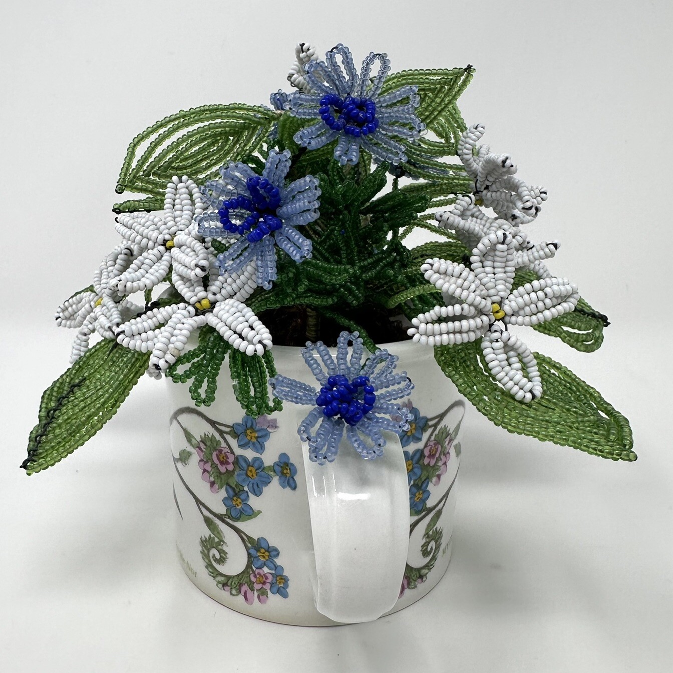 Beaded Glass Flower Bouquet Forget Me Not & Portmeirion Botanic Garden Pot