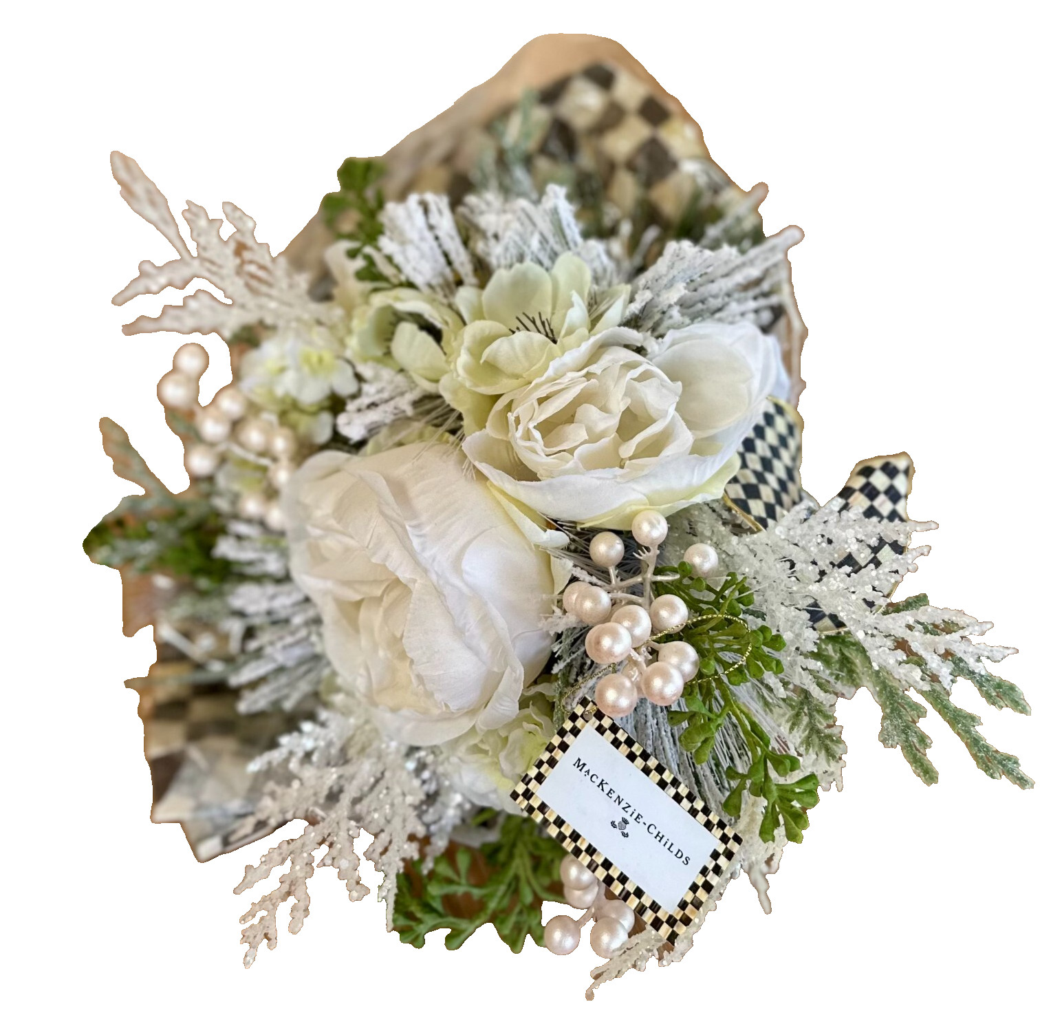 Lrg Winter White MacKenzie Childs Rose Bouquet Courtly Checks Cello Wrap w/ Tag